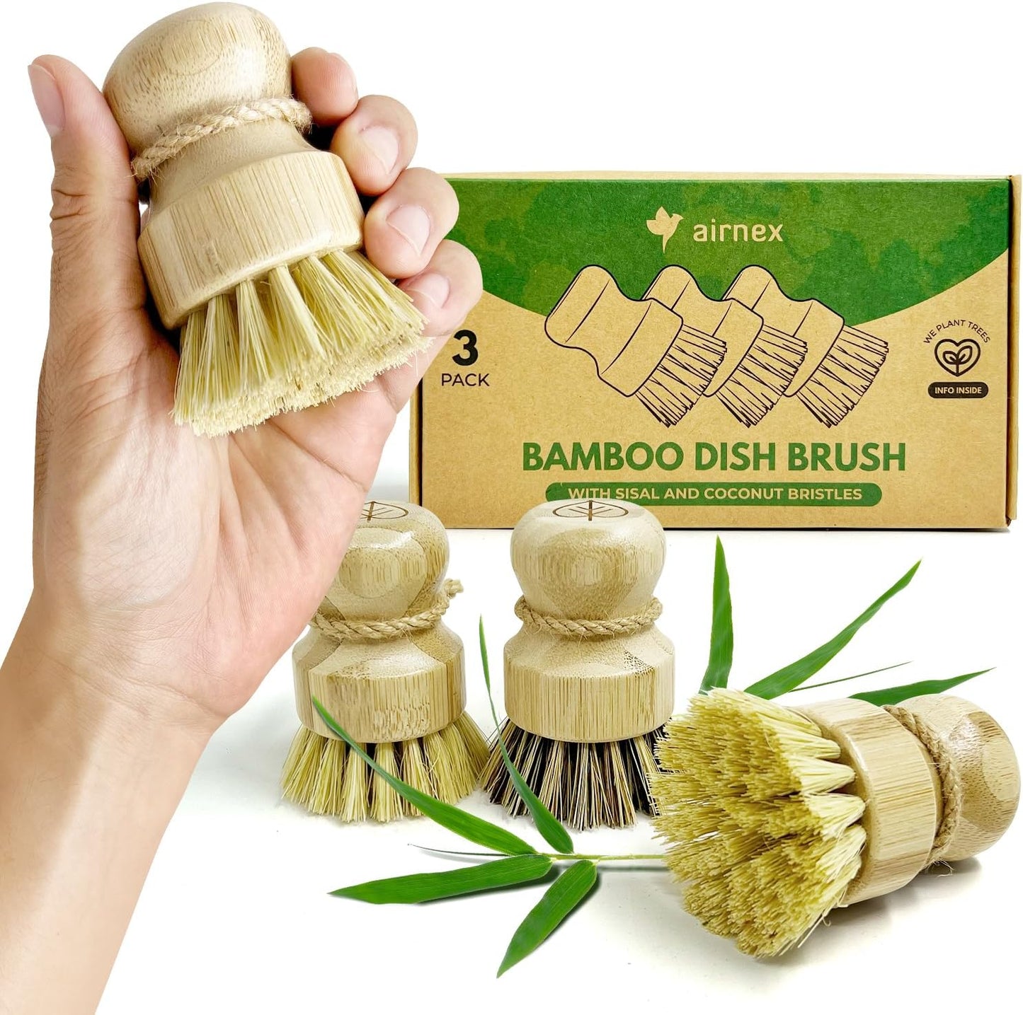 Bamboo Dish Brush Set of 3-100% Plastic Free Kitchen Scrubber with Medium Stiff Sisal and Strong Blend of Coconut Bristles - Non Scratch, Odor Free Wood Scrub for Pots, Pans and Vegetables
