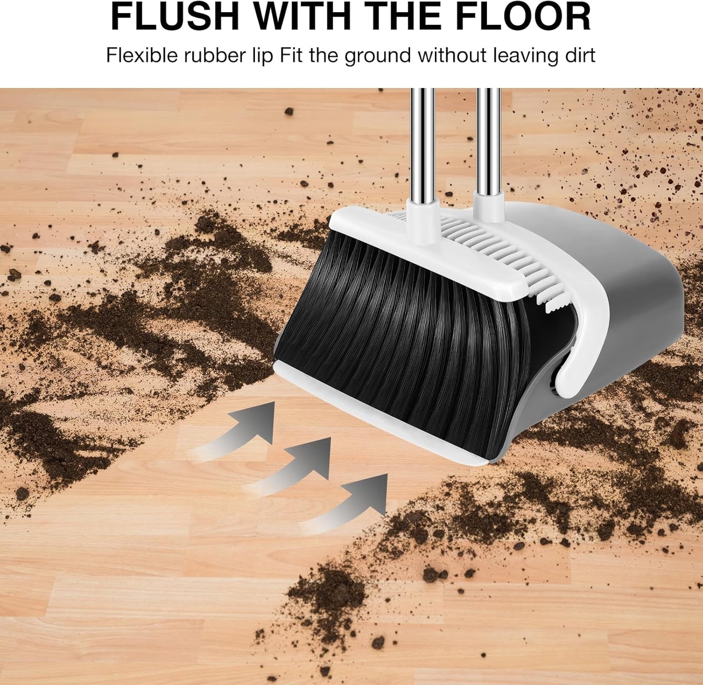 NACENA Broom and Dustpan Set, 52-in Long Adjustable Handle Broom Dustpan Combo with Dustpan Teeth to Automatically Clean Hair Suitable for Home Kitchen Office Hall Floor(Grey&White)