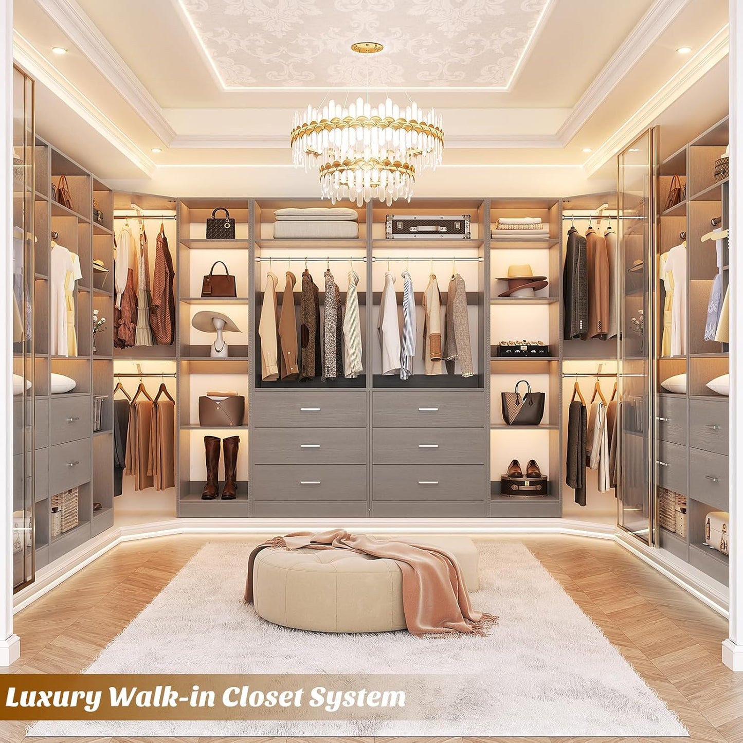 Corner Closet System with 6 Drawers, Closet Organizer System with 14 Shelves & 4 Hanging Rods, 87.2"L * 39.2"W / 63.2"L * 63.2"W Reversible L Shaped Walk-in Closets, Load 2500+LBS, Grey