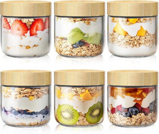 6 Pack 10oz Overnight Oats Containers with Bamboo Lids, Glass Jars with Airtight Lids for Meal Prep, Wide Mouth Mason Salad Jars, Glass Food Storage Container for Yogurt Chia Snacks Spice Sugar