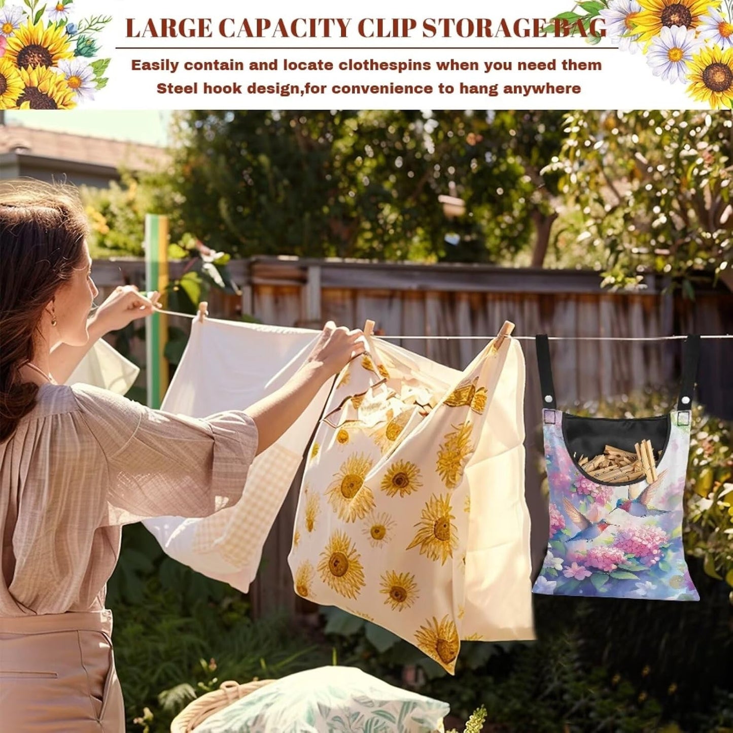 Hummingbird and Flower Clothes Pin Hanging Bag with Hanging Rope for Clothes Pins and Clothespins - Heavy Duty Outdoor Use 14.5 X 12 Inch Clothespin Bag