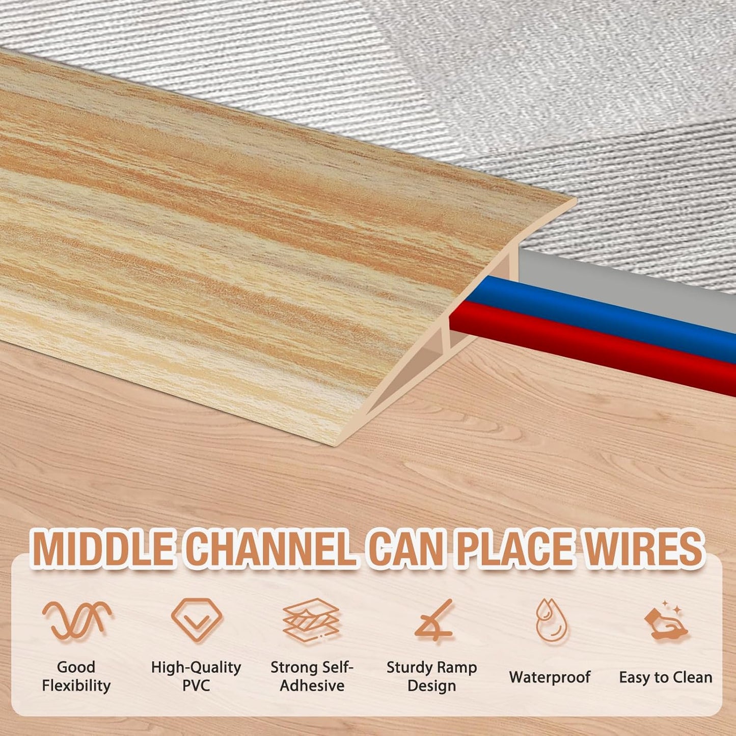 Floor Transition Strip Self Adhesive Vinyl Door Threshold for Doorways Carpet Edging Trim Overlap Edge Reducer for Laminate Floor, Carpet, Tile (Light Yellow Wood Grain, 2/5" to 3/5", 6.6Ft)