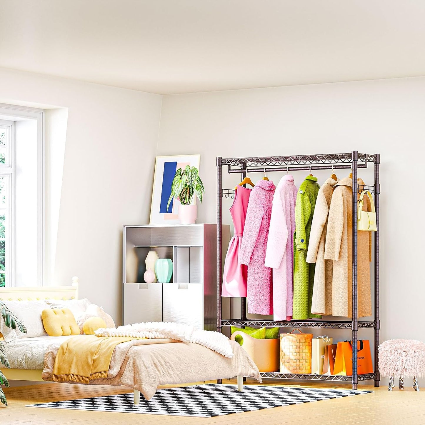 Heavy Duty Rolling Garment Rack 3 Tiers Adjustable Wire Shelving Clothes Rack with 1 Rods and Side Hooks,Storage Closet Clothing Rack Grey 15.7" D x 45.3" W x 72.4" H