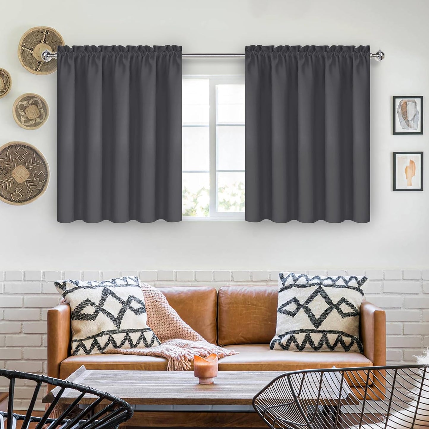 DWCN Short Blackout Curtains 36 inches Length 2 Panels Set, Half Window Rod Pocket Privacy Curtain Tiers for Kitchen, Room Darkening Curtains for Bathroom Shades (W60 x L36 Inch, Dark Grey)