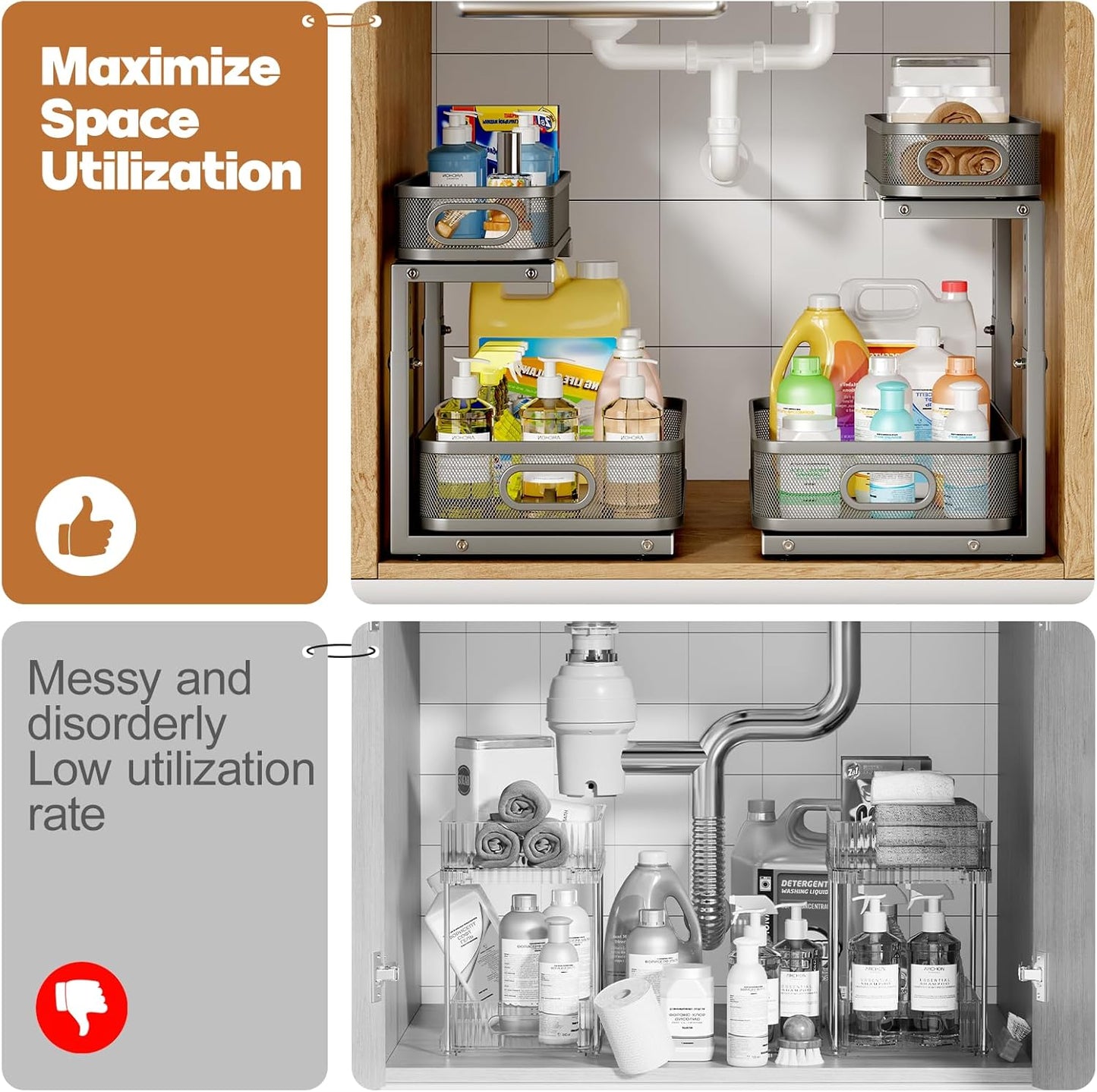 2 Pack 15.7IN-Depth Under Sink Organizer With Smooth Cylindrical Rail,2-Tier Pull Out Multi-Purpose Cabinet Storage for Bathroom&Kitchen,Height Adjustable,Rust-resistant Coating-Gun Gray