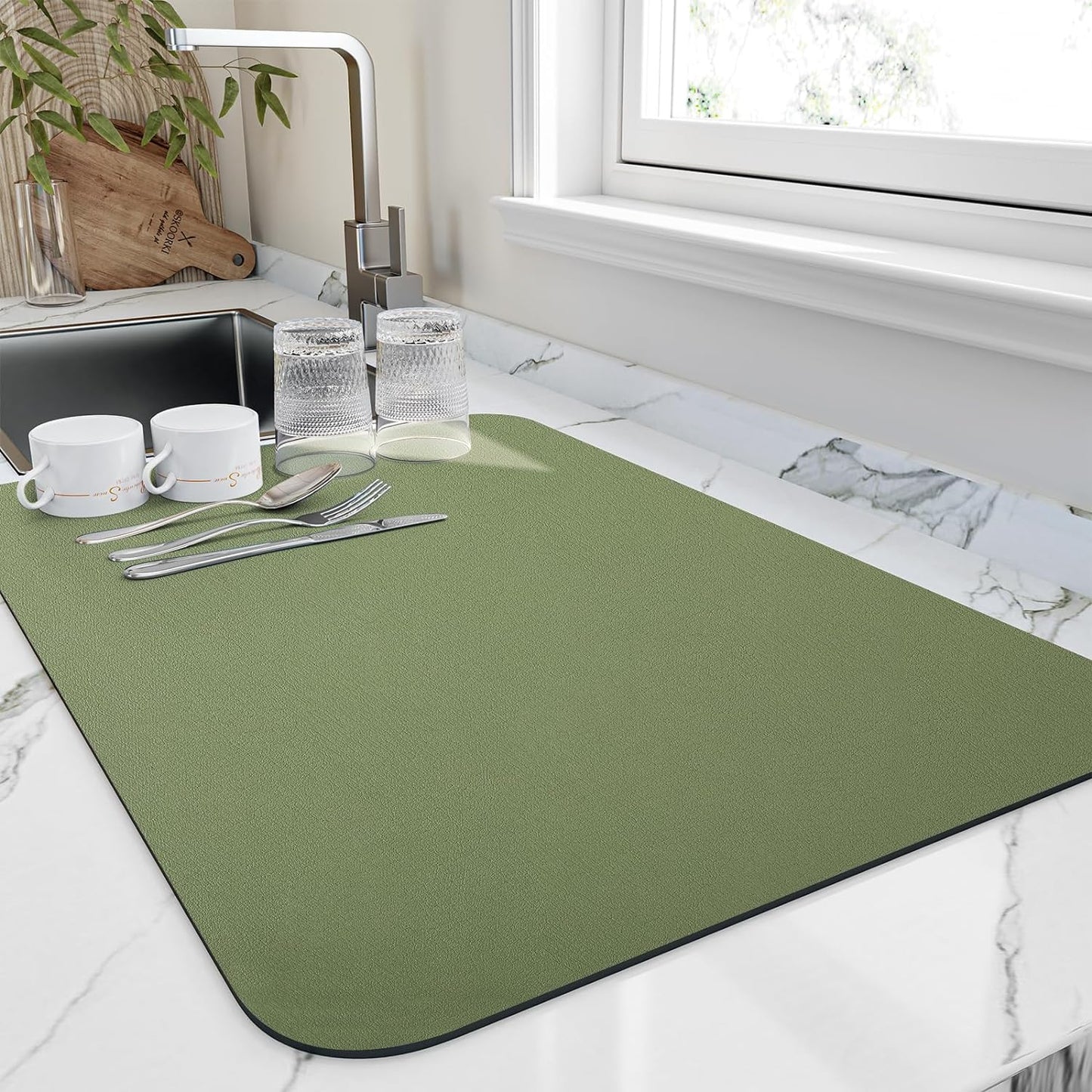 Dish Drying Mat for Kitchen Counter, Heat Resistant Drainer Mats with Non-slip Rubber Backed, Hide Stain Kitchen Super Absorbent Draining Mat, Easy to Clean Dish Rack Pad, Green 18"x28"