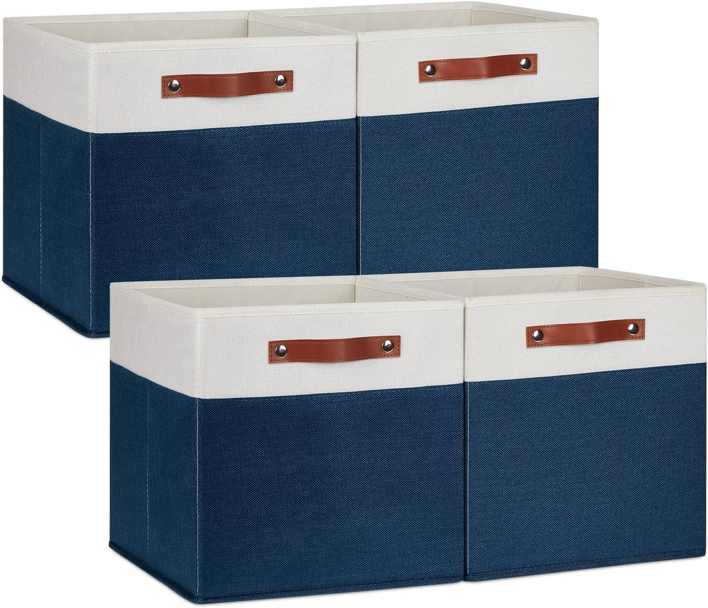 DULLEMELO 13 inch Cube Storage Bins, Gift Baskets Empty for Boy Girl Mother Father Christmas Festival,Fabric Storage Bins Cube Organizer Baskets With Leather Handles(White&Blue-4 Pack)