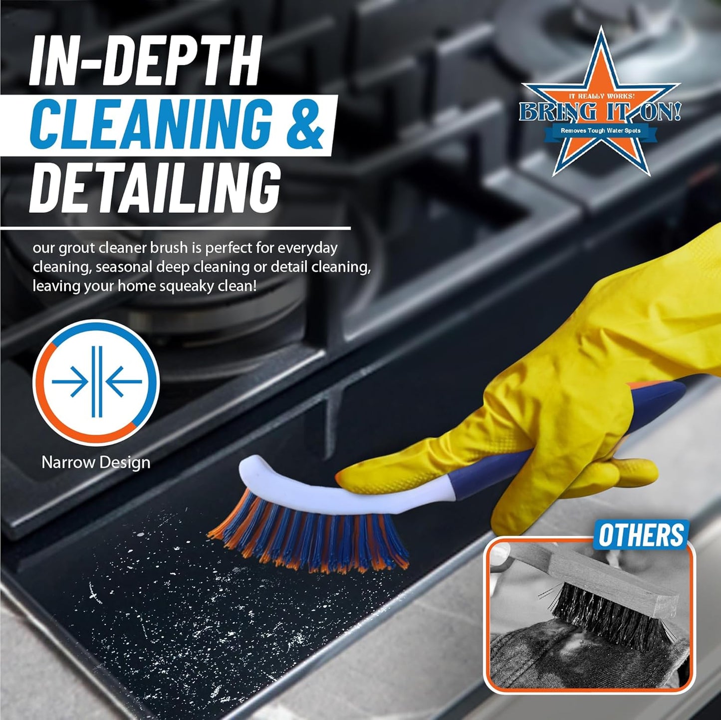 Bring It On Grout Cleaning Brush – Crevice Cleaning Brush with Stiff Nylon Bristles – 8-inch Heavy-Duty Grout and Tile Cleaner Brush – Scrubbing Brush for Corners, Bathroom, Kitchen, Tile, 6 Pack