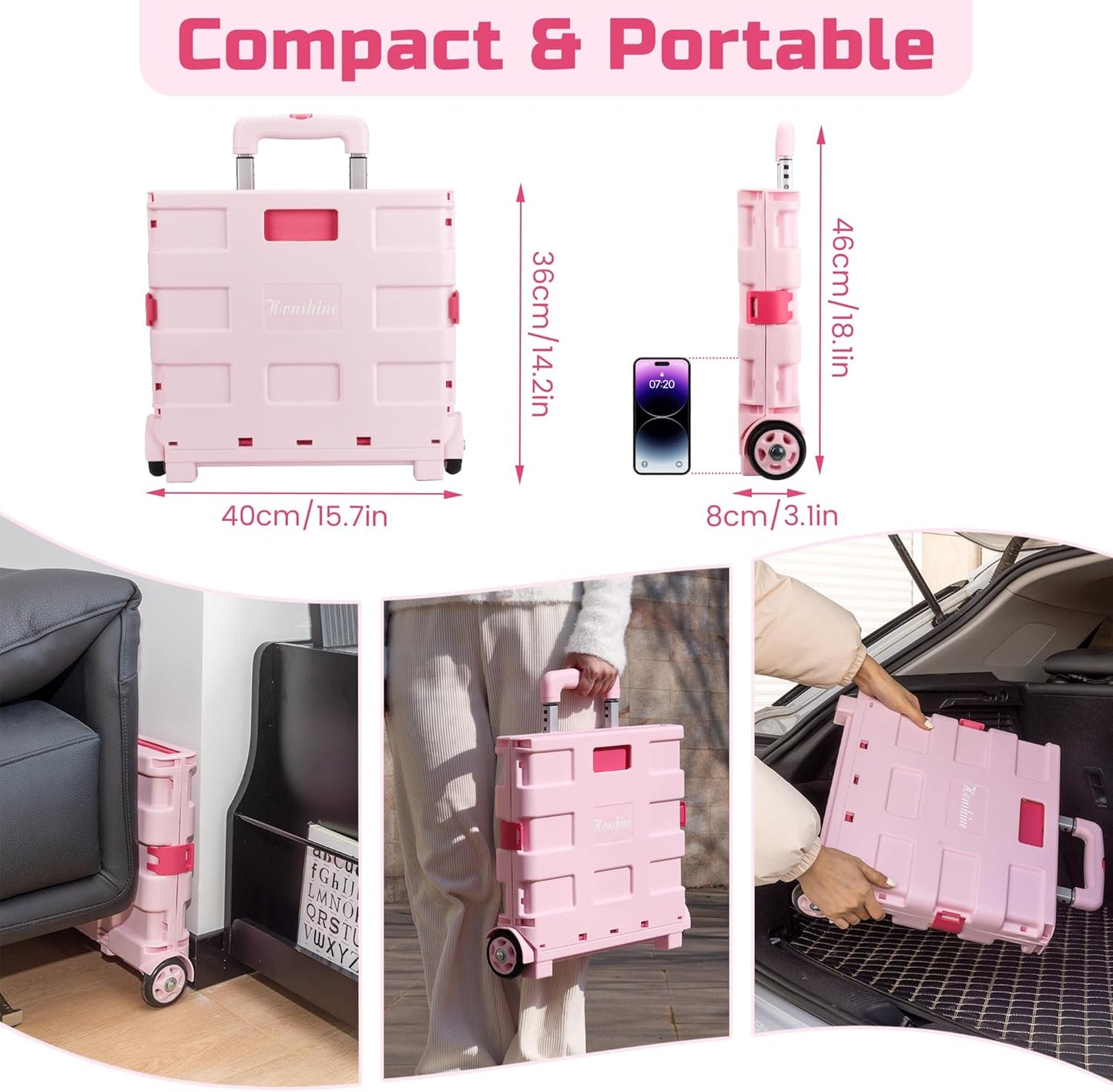 Foldable Rolling Cart on Noiseless Wheels: Portable Utility Cart for Grocery Books File Office (Pink)