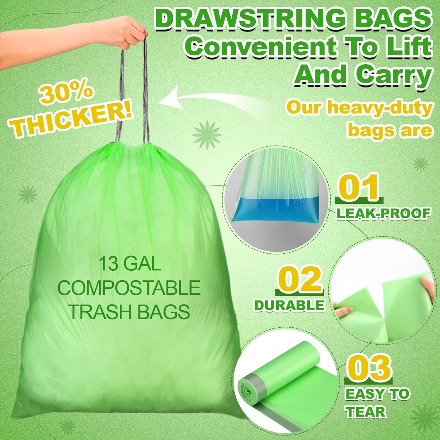 200 Count 13 Gallon Compostable Trash Bags with Drawstring Heavy Duty Extra Thick 1 Mil Kitchen Food Scrap Waste Bag Tear Resistant for Lawn Yard Home Kitchen Office