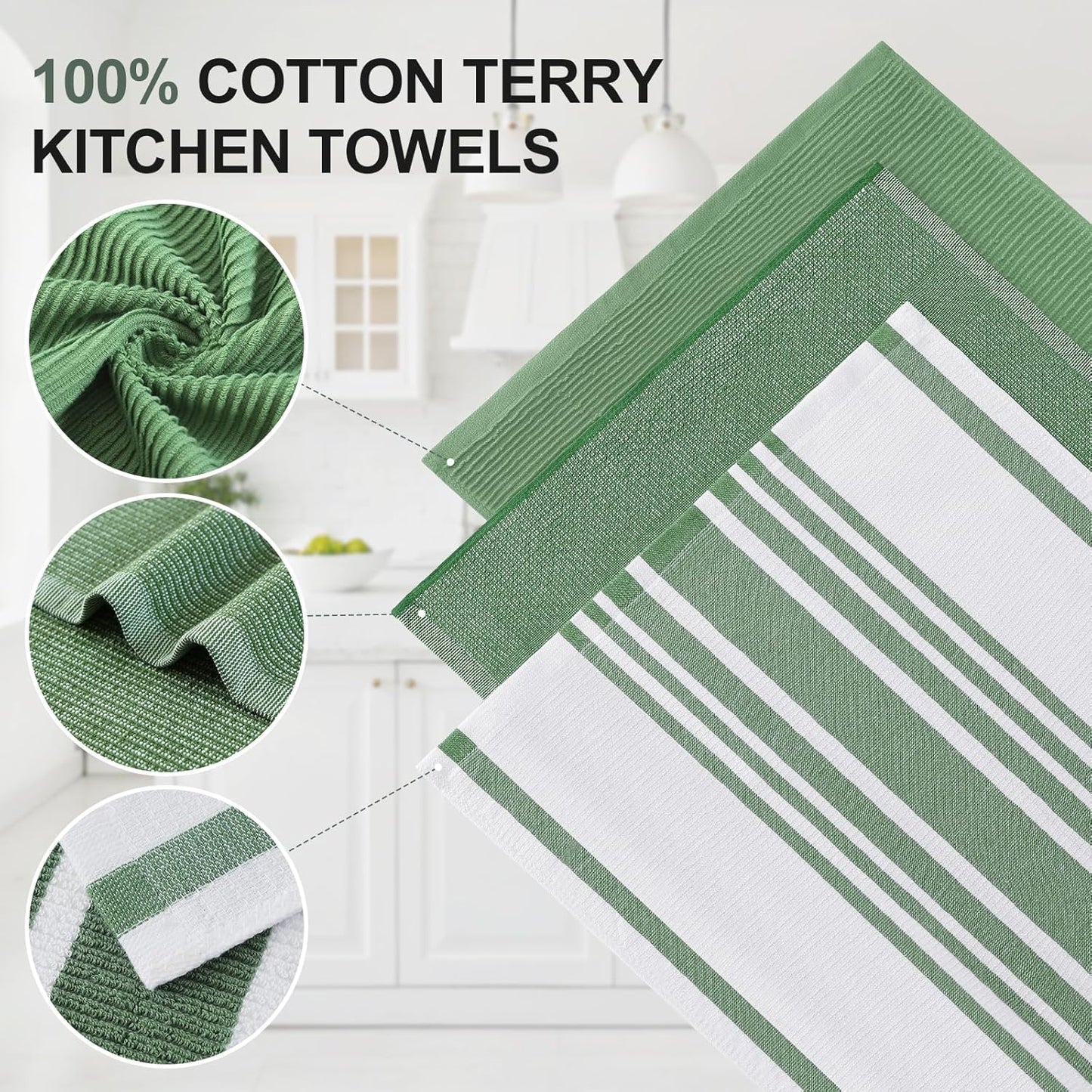 Homaxy Premium Kitchen Towels(18”x 28”, 9 Pack), Large Cotton 380 GSM Kitchen Hand Towels, Soft and Absorbent Terry Dish Towels, Multipurpose Tea Towel Set with Hanging Loop, Grass Green
