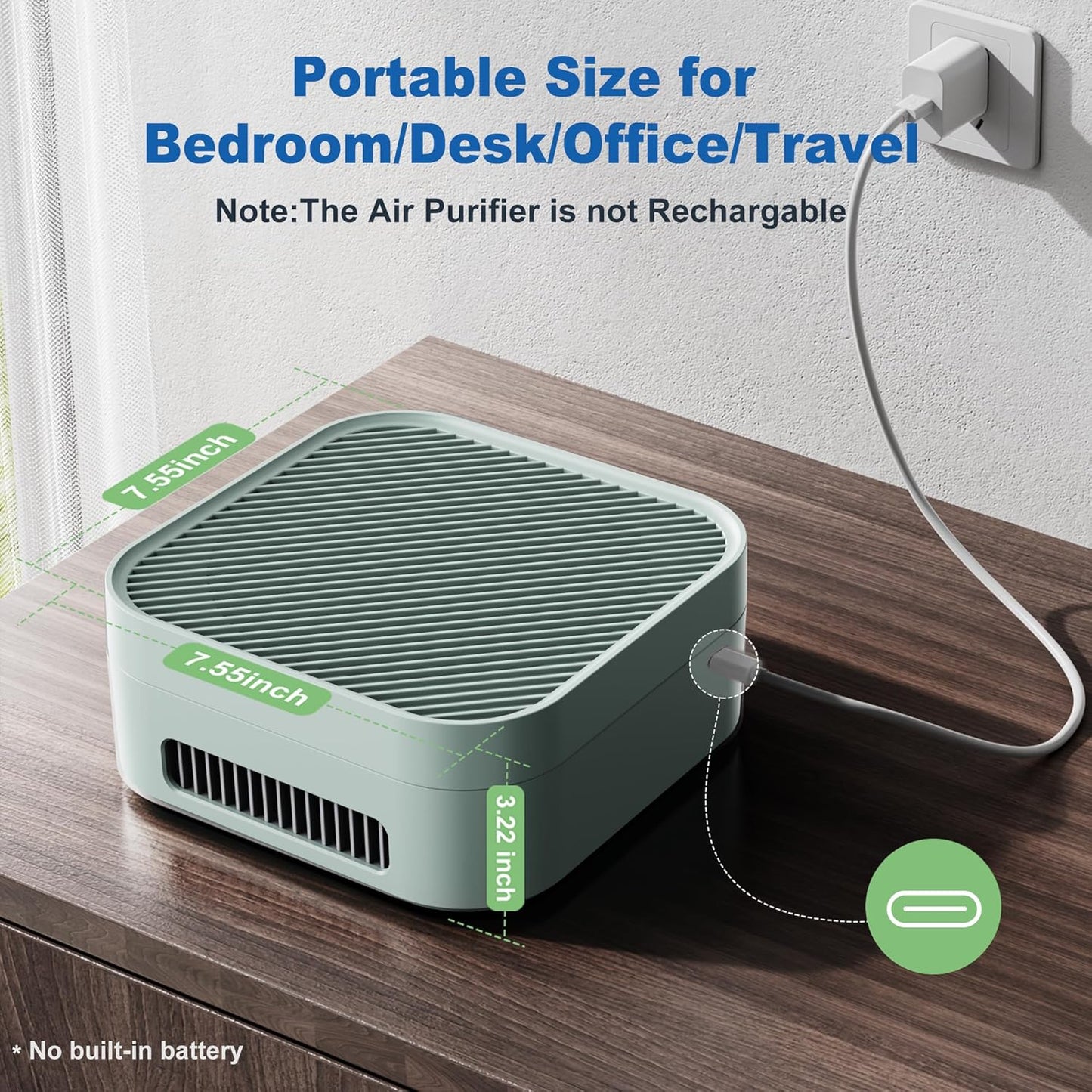 Air Purifiers for Home 600 Sq.Ft, TDBYWAE H13 True HEPA Air Purifier with USB Cable for Pets Dust Dander Pollen Odor Smoke, Small Portable Air Purifier for Bedroom Office Desktop Car RV (Green)