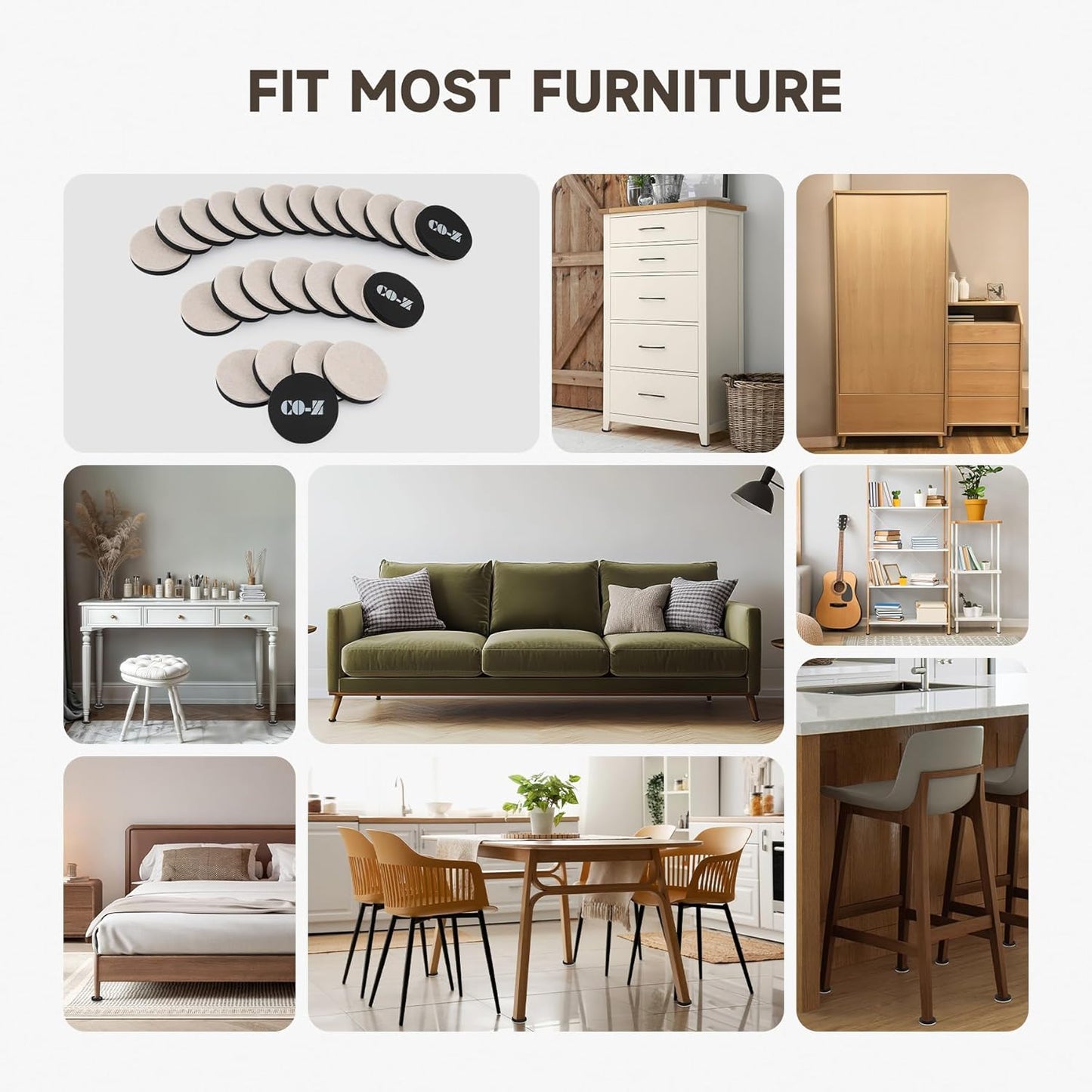 CO-Z 24pcs Felt Furniture Sliders for Hardwood Floors, 2 1/2 in Reusable Furniture Pads, Heavy Furniture Movers Sliders for Hard Surfaces, Thick Moving Pads Floor Protectors for Vinyl Tile Floors