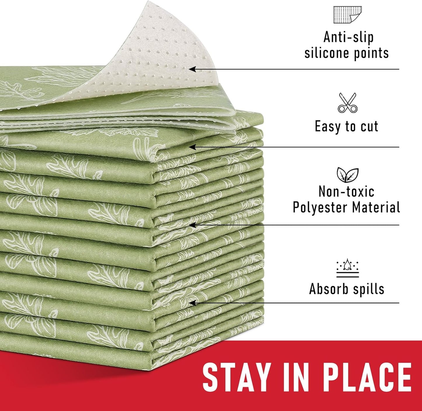 Cooyes Shelf Liner for Refrigerator & Drawer, Non-Adhesive Cabinets Liner for Kitchen Cupboard & Fridge, Breathable Cloth Material, Vegetable-Patterned, 6 Pack 12“ × 24”, Sage Green