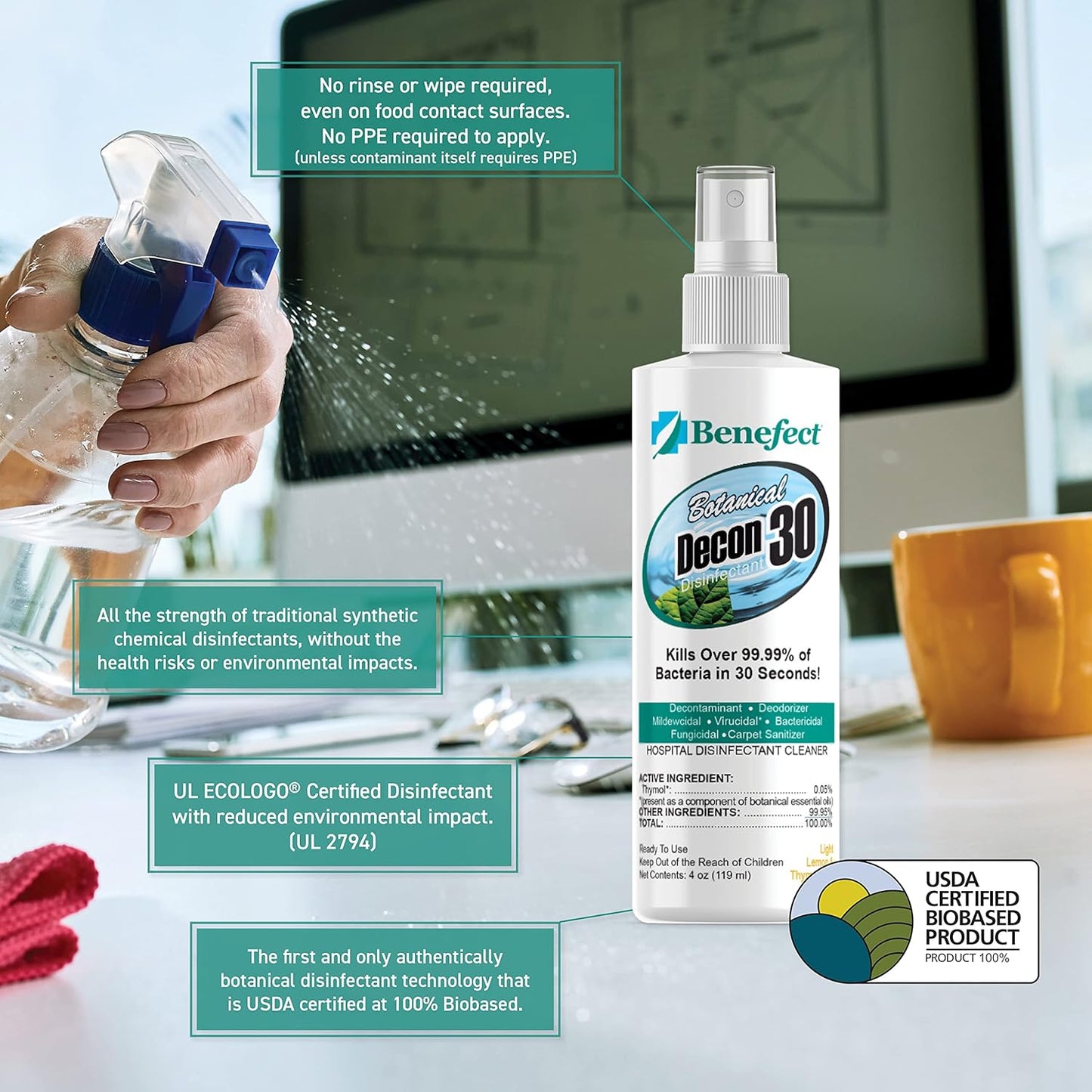 Benefect Botanical Decon 30 Disinfectant Cleaner, 4 oz. Spray Bottle, Light Lemon & Thyme Scent, Hospital Grade Disinfectant, Kills Over 99.99% of Germs, Safe for Food-Contact Surfaces