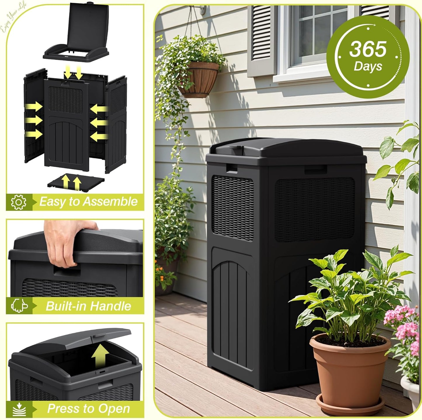 Greesum 33 Gallon Outdoor Trash Can with Lid, Waterproof Resin Garbage Bin for Hideaway, Deck, Patio, 3 Pack, Black