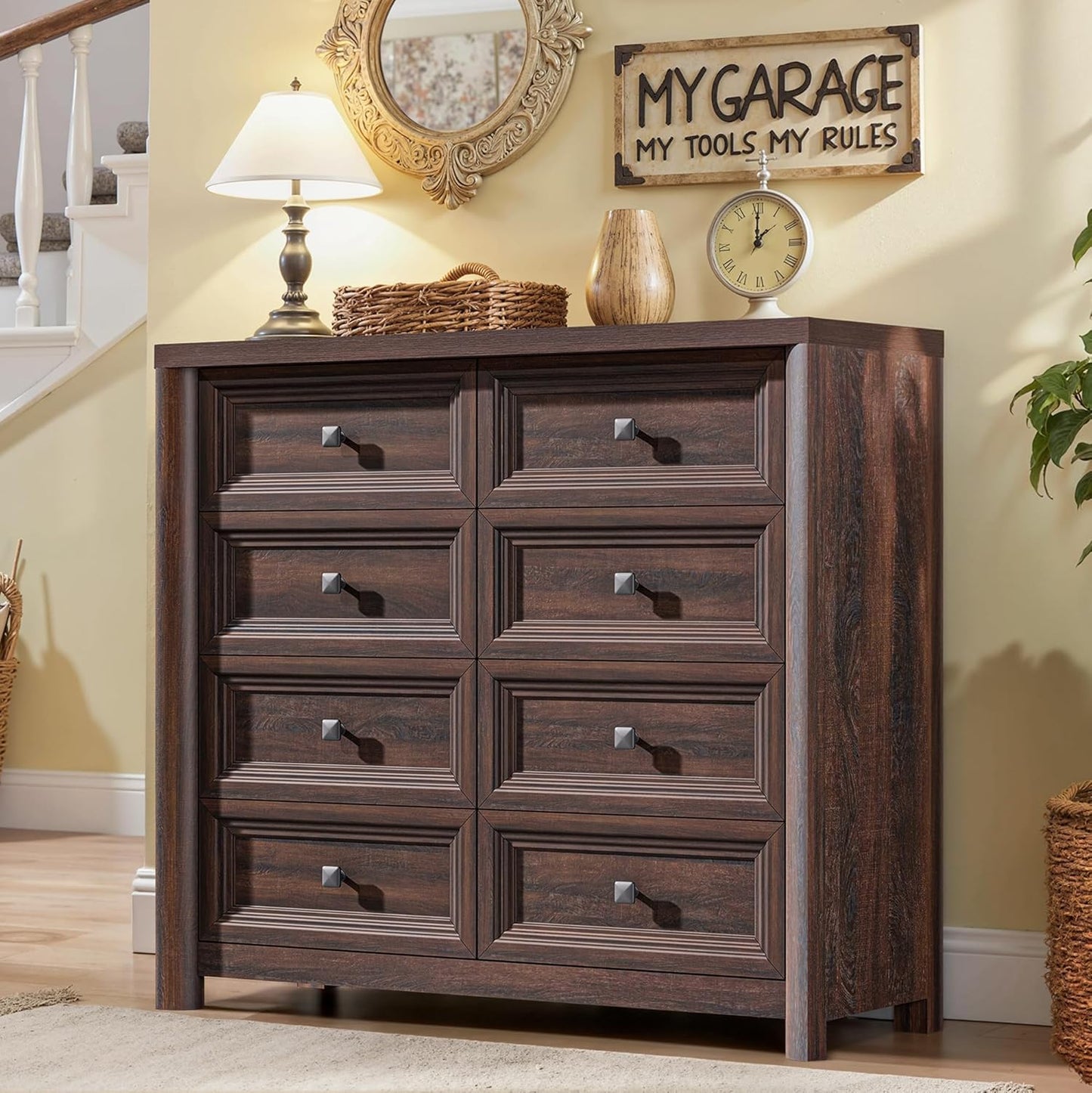Farmhouse 8 Drawer Dresser for Bedroom, 41" Tall Wood Chest of Drawers, 43.3" Wide Dresser TV Stand, Storage Closet Drawer Organizer for Bedroom, Walnut