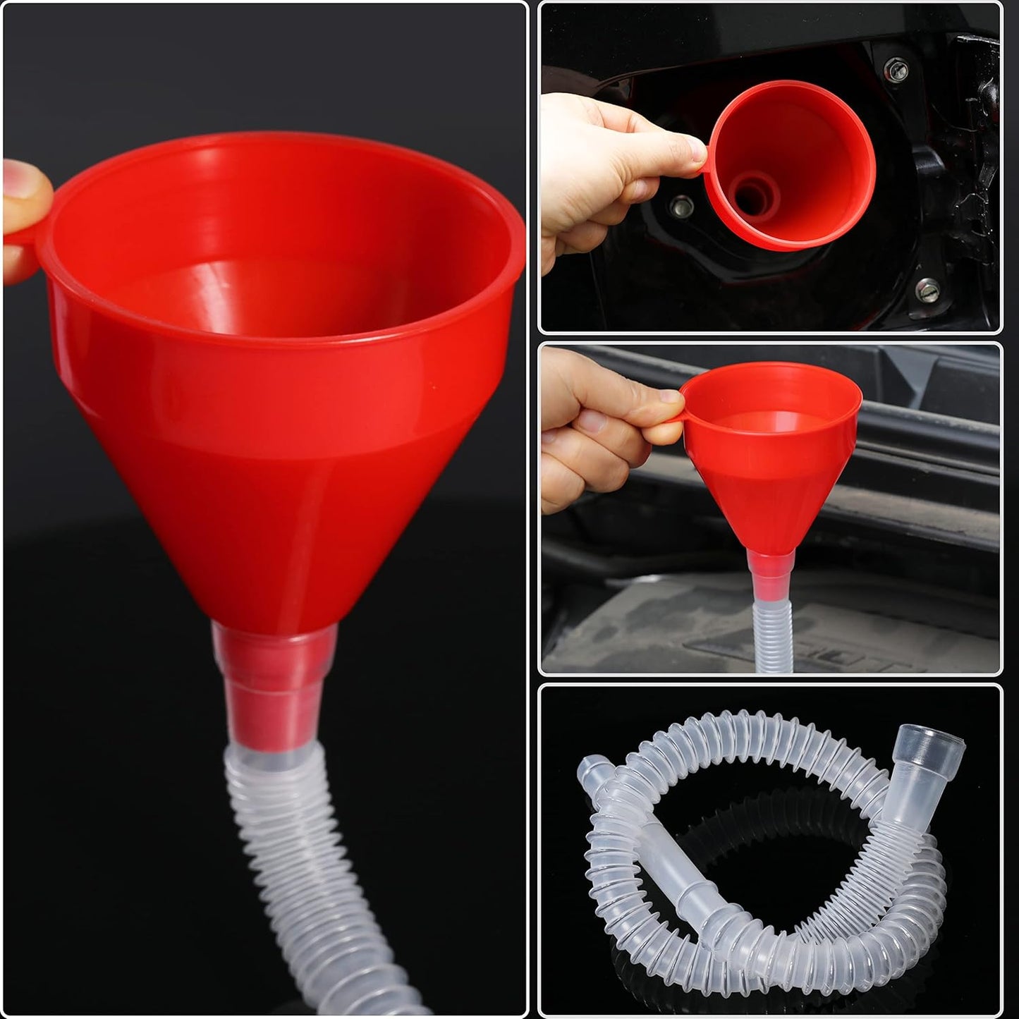 Flexible Fuel Funnel with Long Hose Plastic Small Wide Mouth Filling Funnel Car Funnel for Engine Oil Gas Fuel Gasoline Diesel Water Fluid Liquid Transmission Red (2)