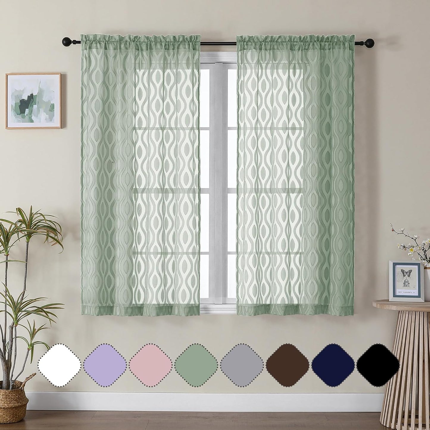 Aiyufeng Sheer Green Curtains 54 Inch Length 2 Panels, Soft Lightweight Clip Jacquard Textured Farmhouse for Bedroom, Modern Wavy Line Voile Sheer for Living Room, 40" Wx54 L Inches