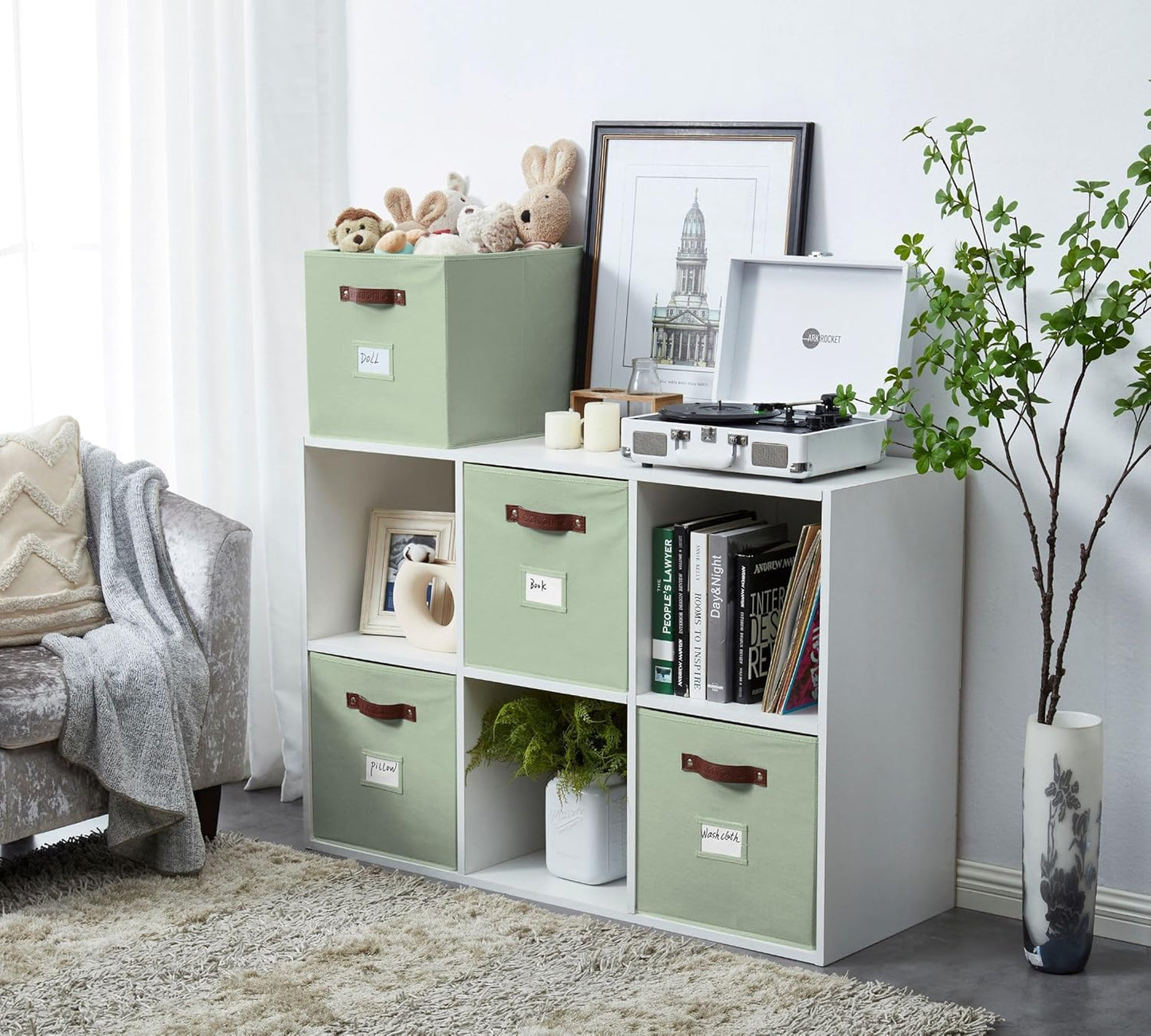 DECOMOMO Storage Baskets, 13x15x13 Storage Cube Bins with Labels for Organizing Shelves Kallax (Kallax / 4pcs, Sage Green)