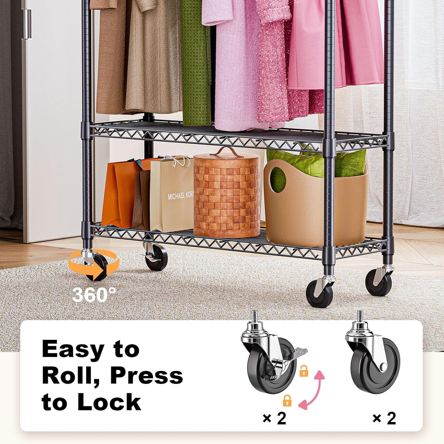 Heavy Duty Rolling Garment Rack 3 Tiers Adjustable Wire Shelving Clothes Rack with 1 Rods and Side Hooks,Storage Closet Clothing Rack with Wheels Black 15.7" D x 45.3" W x 75.6" H
