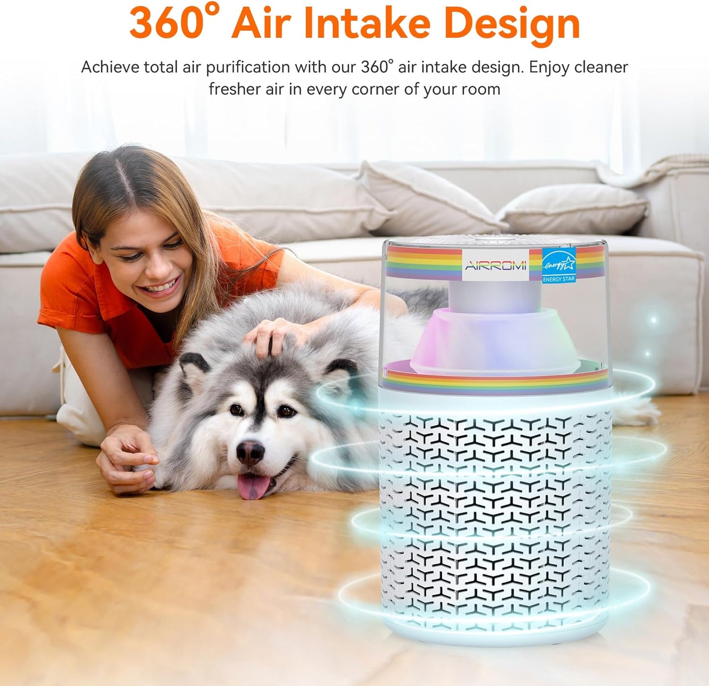 AIRROMI Air Purifiers for Bedroom Home,Up to 658 Ft²,Activated Carbon Filter Cleaner,With Fragrance Sponge for Better Sleep,Night Light,Pet Dander,Allergies,Smoke,Odor,Desktop Air Cleaner A2002Rainbow