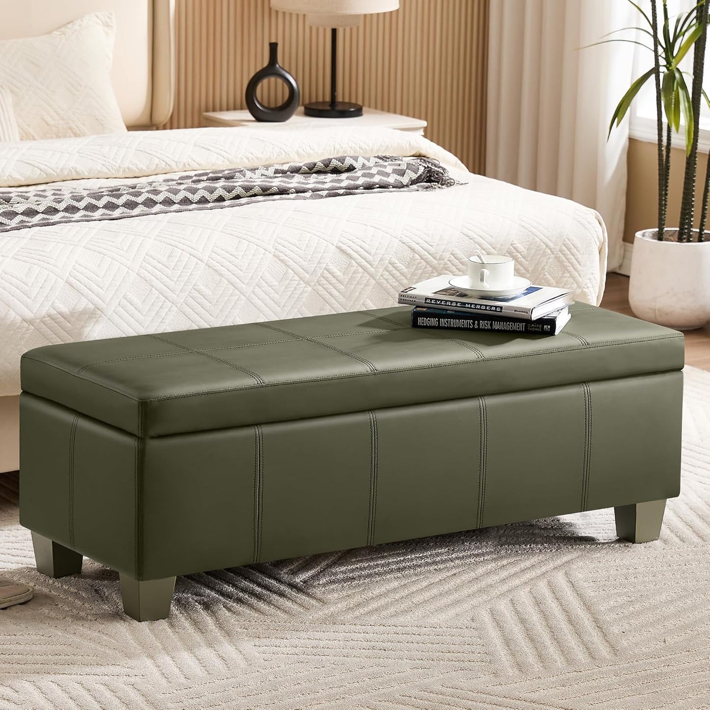 51" Faux Leather Storage Ottoman, Stitch Tufted Rectangle Upholstered End of Bed Storage Bench, Entryway Large Couch Ottoman with Wooden Legs,Green