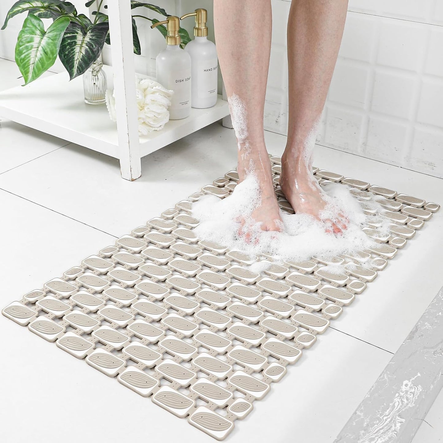 Shower Mat Non Slip Bathtub Mat, 27 x 16 Inch Eco-Friendly Soft Bath Mat for Tub Non Slip Shower Mats for Inside Shower with Suction Cups and Drain Holes, Easy to Clean Quick-Drying, Brown