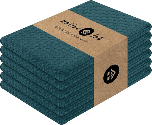 Native Fab Cotton Kitchen Towel with Hanging Loop 16x26 inches, 6-Pack, Waffle Weave Kitchen Towels for Cleaning Drying, Washcloths Soft & Absorbent Cloth Rags, Bar Towel, Dish Cloth, Teal Green