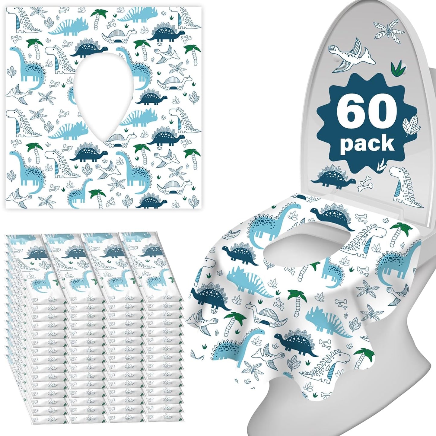 60 Pack Toilet Seat Covers Disposable, Extra Large Waterproof Toilet Cover for Toddlers & Adults, Individually Wrapped Travel Essential Portable Potty Training in Public Restrooms, Trip - Dinosaur