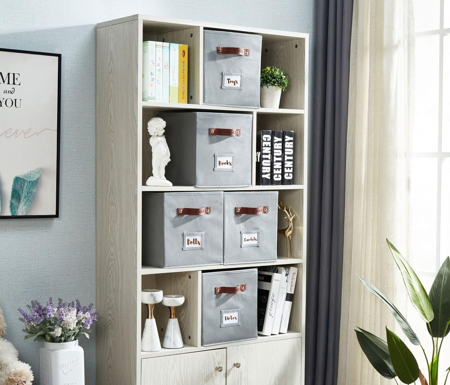 DECOMOMO Storage Bins, Cube Storage Bin with Labels, Fabric Storage Cubes for Shelves (10.5" x 11" / 6pcs, Grey)