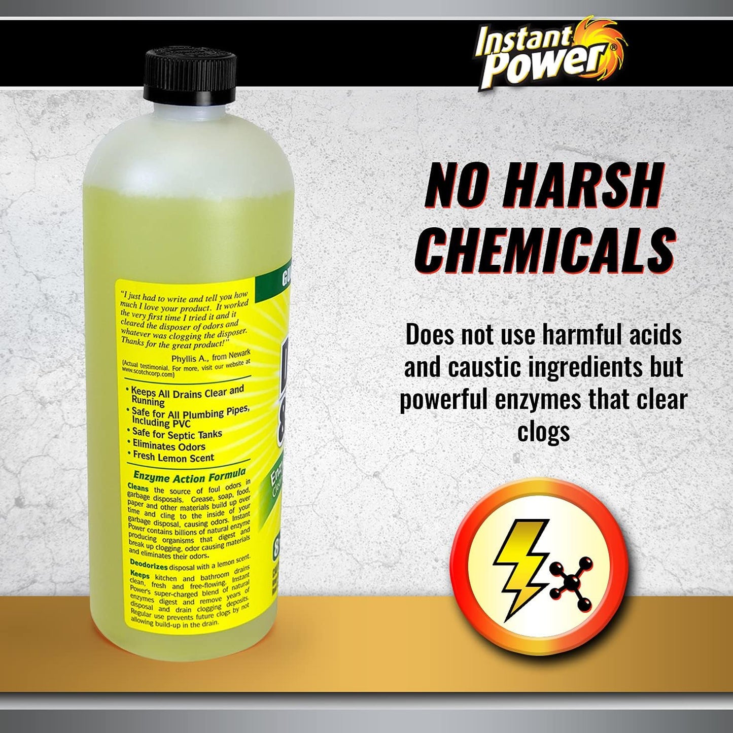 Instant Power Disposal and Drain Cleaner – Liquid Enzyme Clog Remover, Cleans and Deodorizes, Removes Drain Blockages, Fresh Lemon Scent, 33.8 Fl oz, 1 Liter