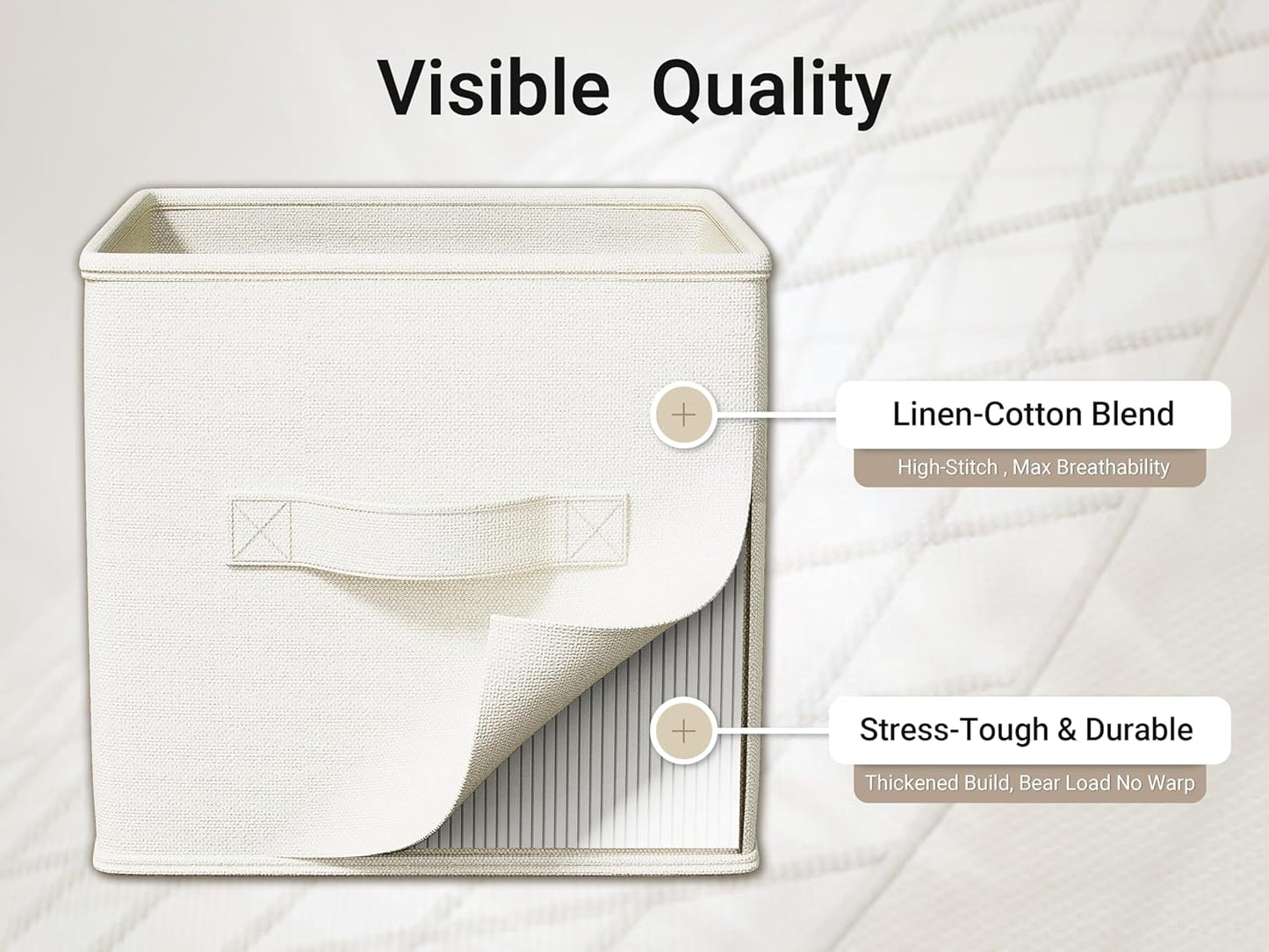 4 Pack Foldable Fabric Closet Storage Bins, 11Inch Organizer Cubes with Handles, Linen Storage Boxes for Clothes, Toys, Books and Home Organization, White& Ivory