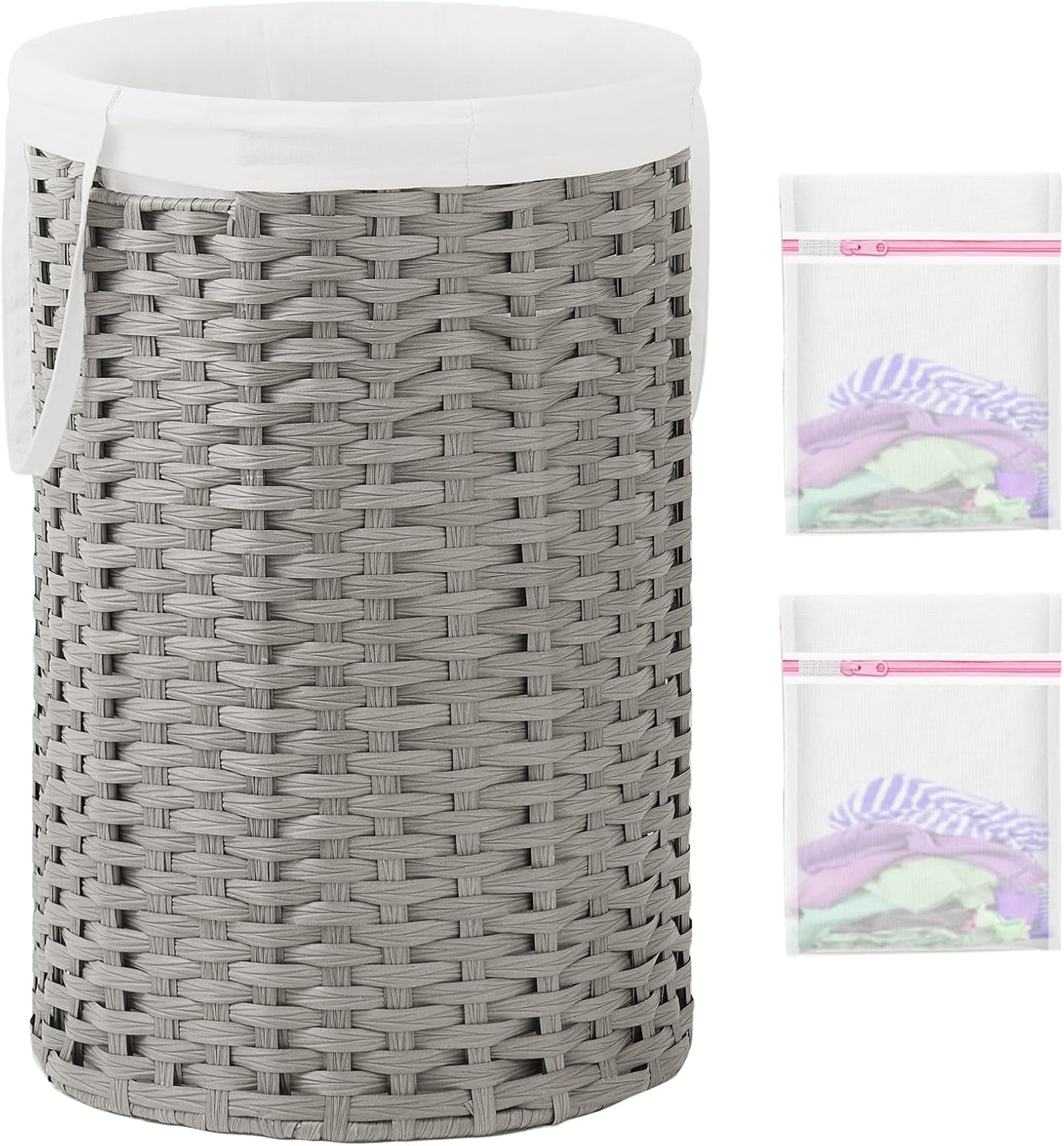 34.3 Gal (130 L) Large Laundry Hamper Laundry Basket Round Handwoven Wicker Laundry Baskets Rattan Laundry Basket with Removable Bag Handles 2 Mesh Bags for Living Room Bedroom Gray
