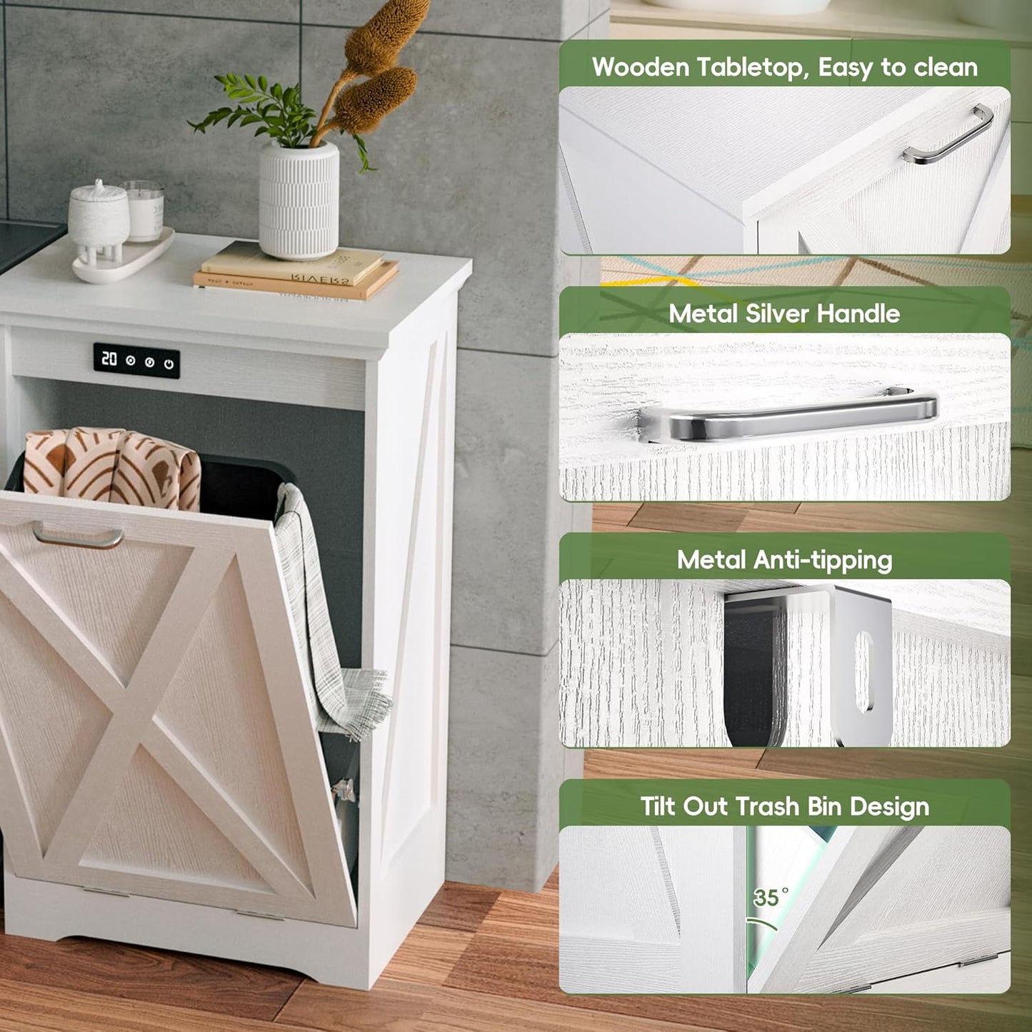 Betterhood Tilt Out Trash Can Cabinet, Hidden Trash Bin with Deodorizing & Negative Ion System, Pet-Proof Kitchen Waste Cabinet for Kitchen, Dining Room, Living Room (White, 1 * 10 Gallons)