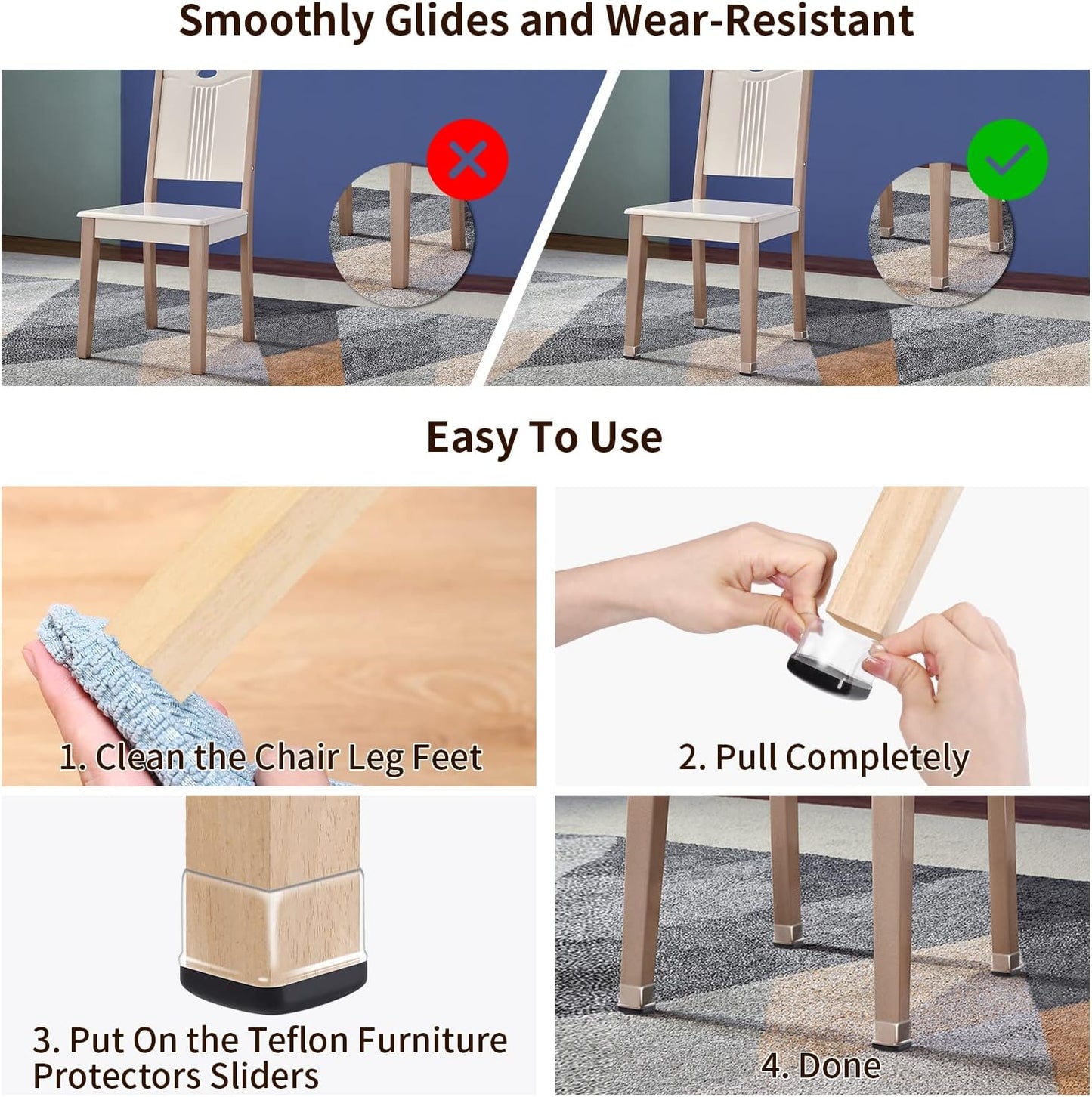 Ezprotekt 24 Pcs Clear Chair Leg Sliders for Carpet, Square Chair Glides for Rug, Teflon Furniture Pads Leg Protectors Caps - for Dining Table, Bar Stool, End Table Legs (L Fit:1" - 1.4")