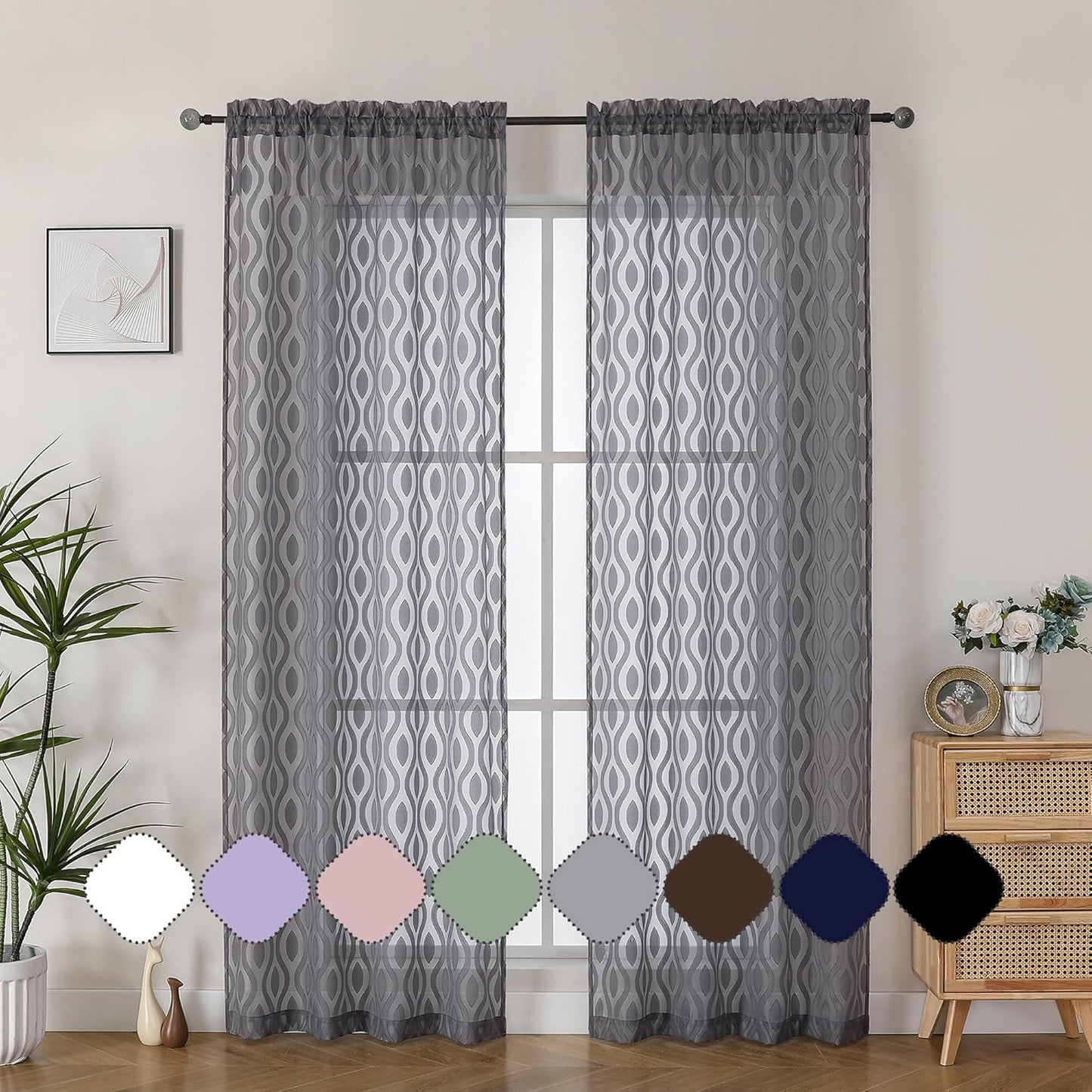 Aiyufeng Charcoal Grey Sheer Curtains 84 Inches Long 2 Panels, Solid Airy Light Filtering Window Treatments for Bedroom Living Room, Modern Wavy Line Rod Pocket Curtains, Total 80 inches Width