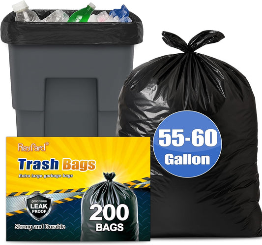 55-60 Gallon Black Trash Bags 200 Bags by RayPard Extra Large Multi-Use Heavy Duty Commercial Garbage Bags, Lawn And Leaf Bags, Outdoor Yard Waste Bag, Contractor Workshops Trash Bin Liner