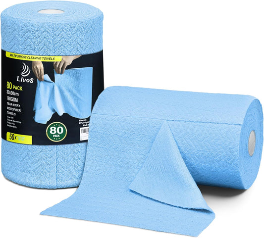 LIVOS Microfiber Cleaning Cloth Roll - 80 Pack, Reusable Paper Towels, Microfiber Towels for Cars, Super Absorbent Lint Free Cleaning Rags for House, Kitchen, Window-Light Blue, 11.5"x11.5"