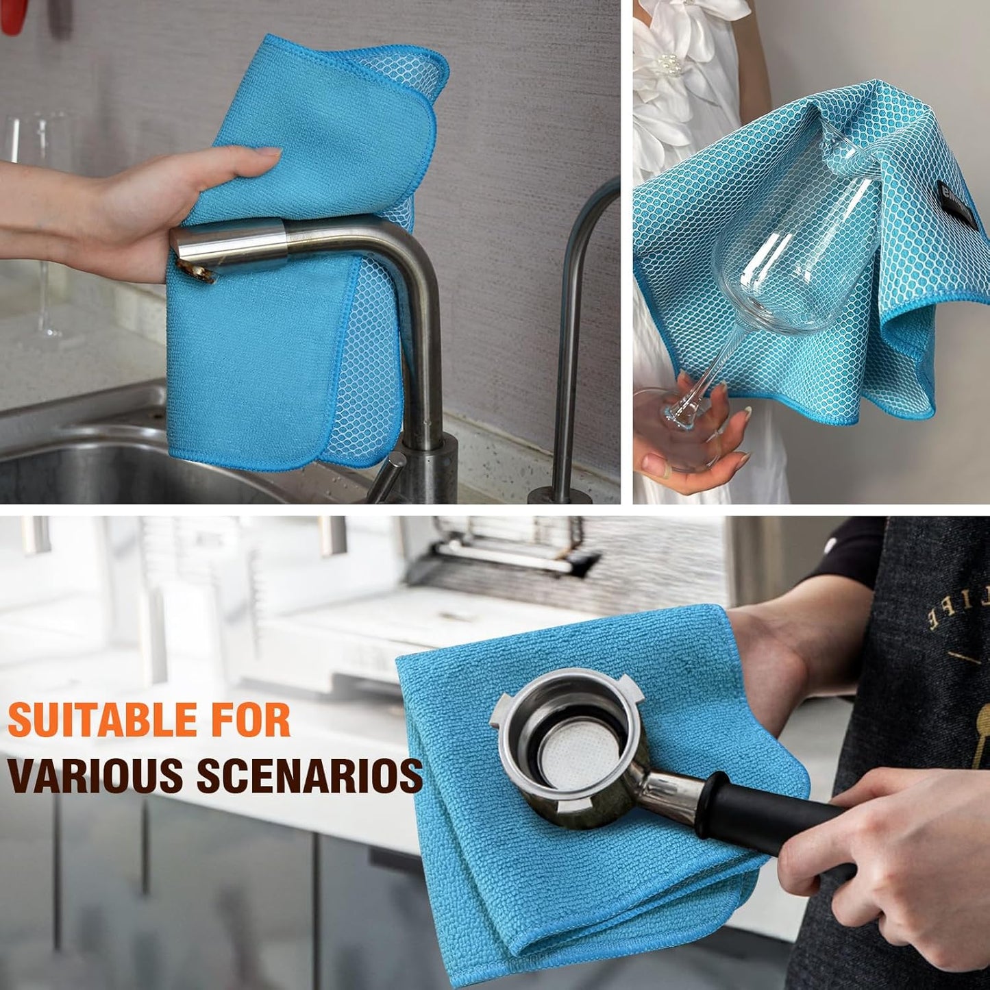 KinHwa Kitchen Washcloths for Dishes Absorbent Microfiber Dish Cloths Quick Dry Dish Rags with Poly Scour Scrub Side Ideal for Kitchen Cleaning (Blue, 12inchx12inch 9 Pack)