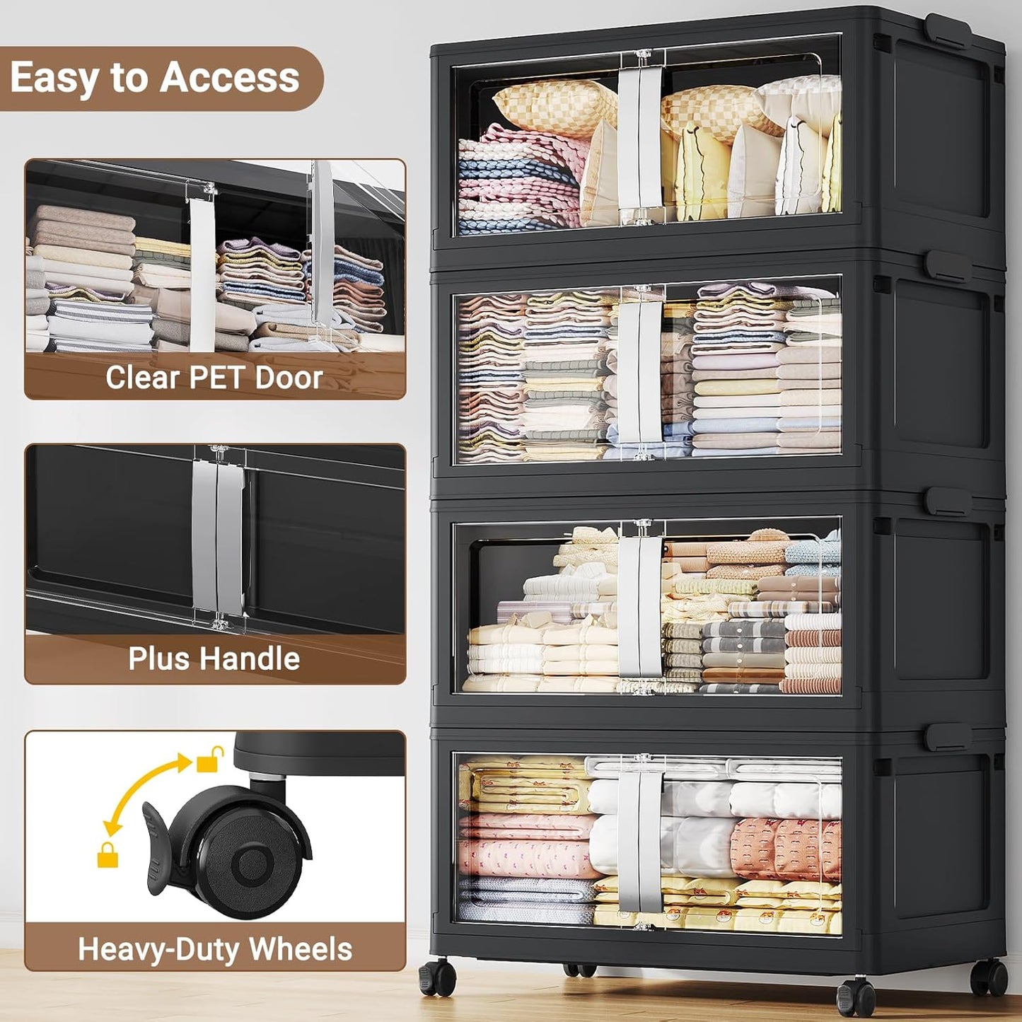 BROVIEW 480QT Stackable Storage Bins with Lids, 120Gal Extra Large Collapsible Storage Box with Wheel, Plastic Storages with Clear Door Open Front for Home Kitchen Garage, Black-3pack(3 lids)