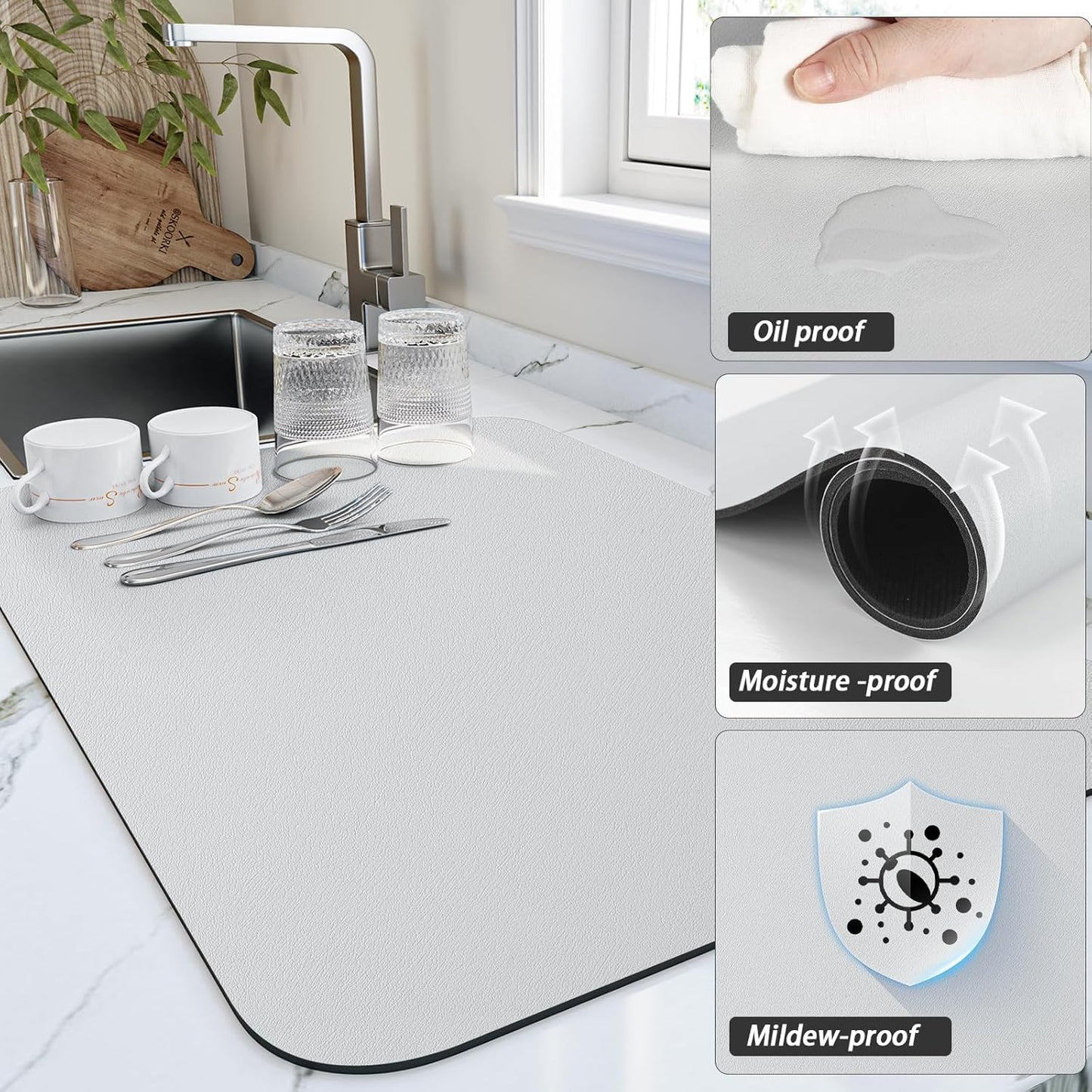 Dish Drying Mat for Kitchen Counter, Heat Resistant Drainer Mats with Non-slip Rubber Backed, Hide Stain Kitchen Super Absorbent Draining Mat, Easy to Clean Dish Rack Pad, Light Grey 18"x24"