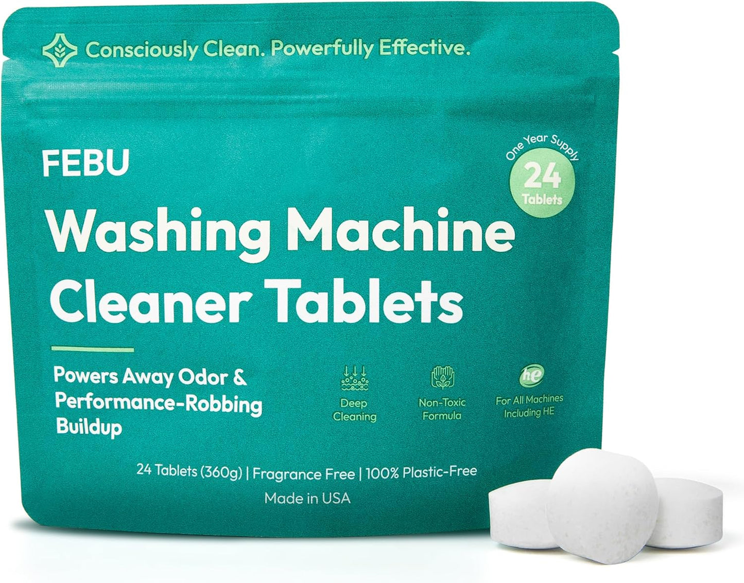 FEBU Washing Machine Cleaner Tablets Made in USA | Washer Machine Cleaner Tablets & Deodorizer | Removes Gunk & Grime | 7 Natural, Biodegradable, Plant-Based Ingredients | 24 Tablets - 12 Month Supply