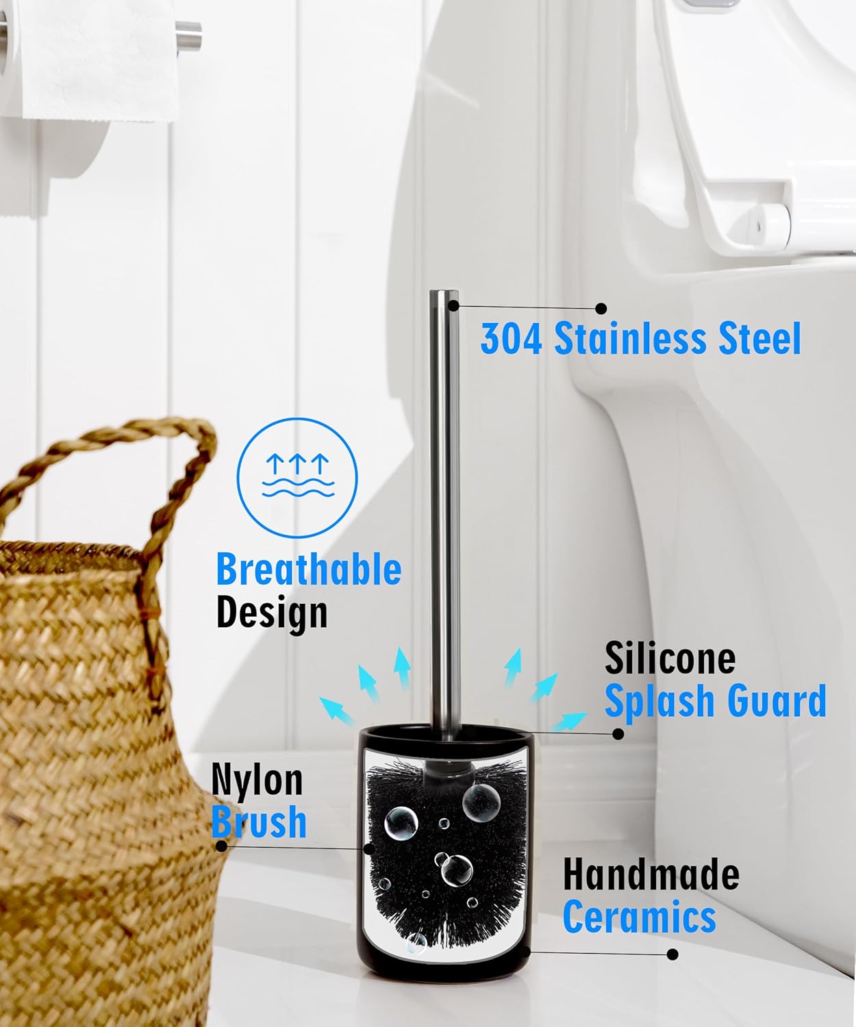 Ceramic Toilet Brush & Holder Set - Freestanding Deep-Cleaning Toilet Bowl Cleaner Brush, Stainless Steel Handle, Small & Sturdy for Storage, Easy to Clean, Non-Scratching