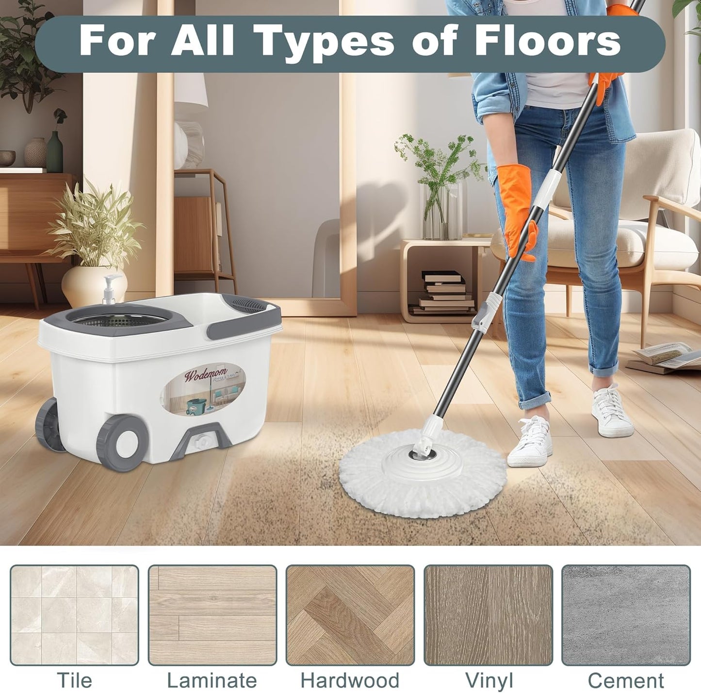 Mop and Bucket with Wringer Set,Spin Mop and Bucket System, Mops for Floor Cleaning,Household Supplies Tools with 6 Replacement Refills,61" Extended Handle for Household Hardwood Floor - White