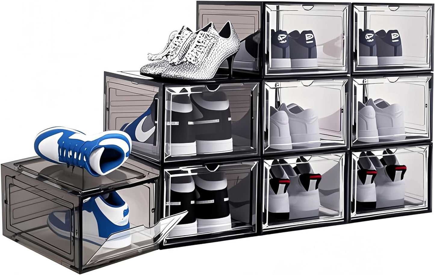 9 Pack Thicken Shoe Organizer Stackable Upgraded Sturdy Transparent Shoe Storage Box with Magnetic Door Sneaker Hats Display Case Fit Up to US Size 13, Black