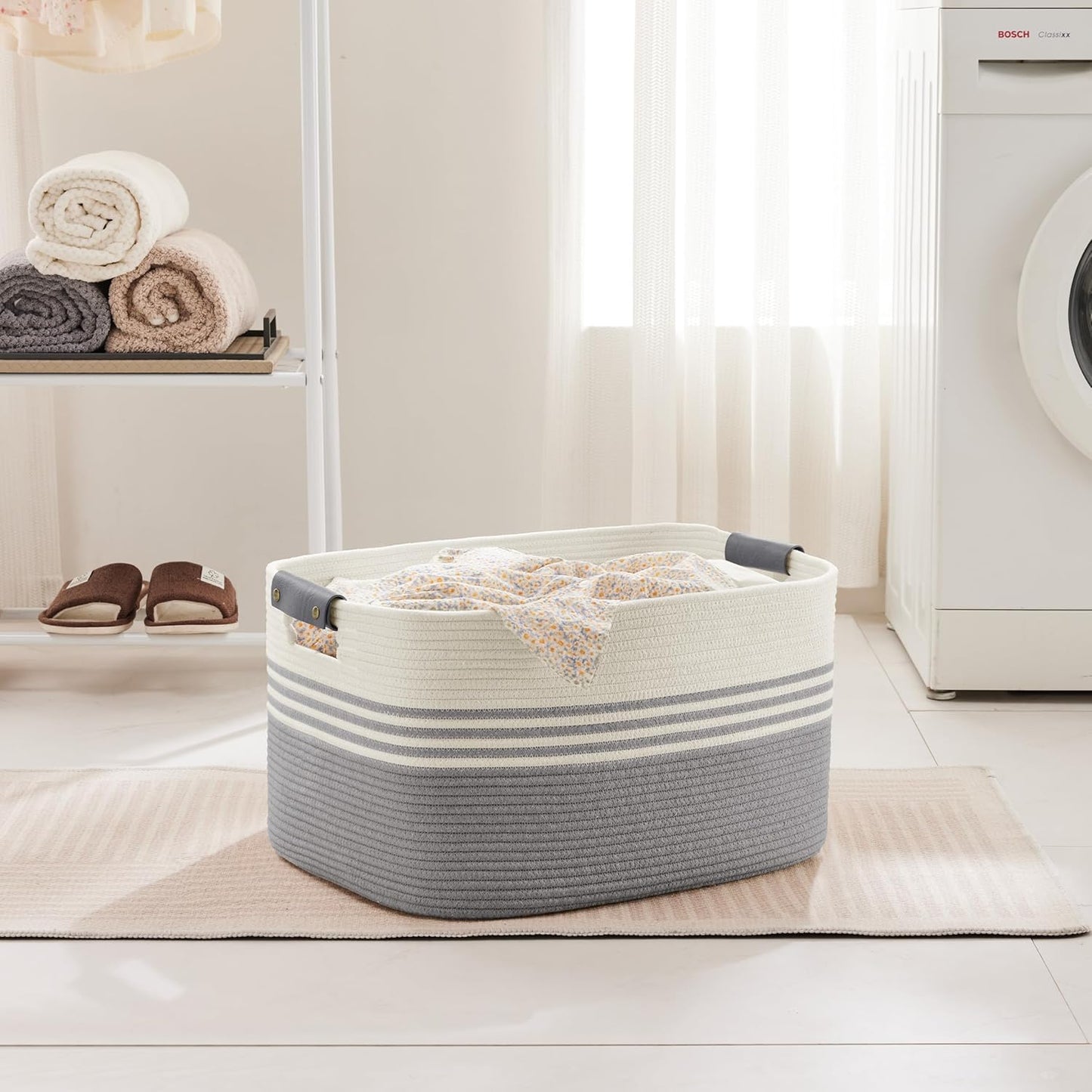 72L Large Laundry Basket with Leather Handles for Living Room Storage, Woven Rope Baskets Bin for Blanket, Kids Toy, Gifts, Wicker Hamper for Bedroom Dirty Clothes, 22"x17"x12" White Grey