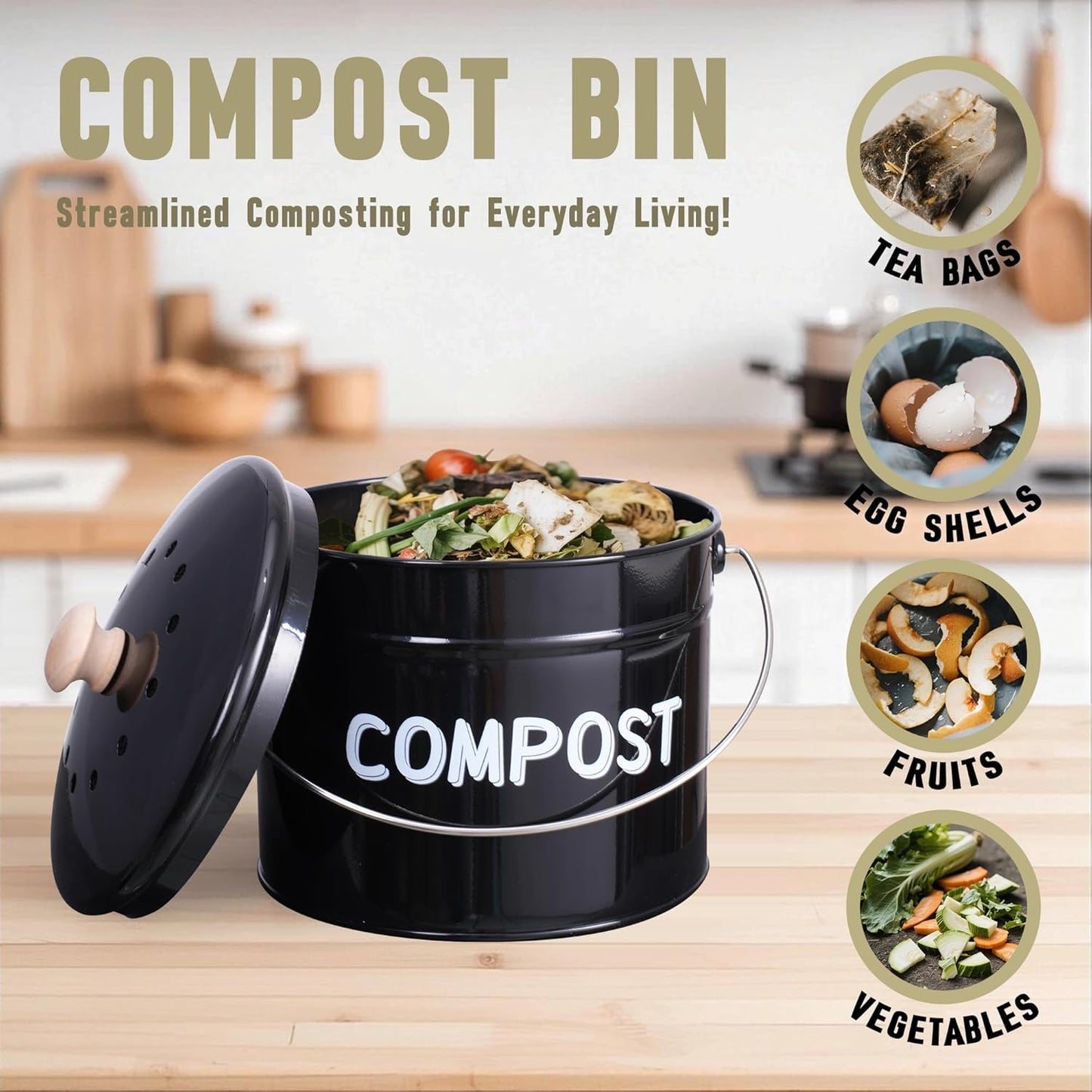 Compost Bin for Kitchen Counter, 1 Gallon Compost Bucket with Lid and Charcoal Filter, Countertop Composter, Rust Proof Indoor Food Waste Bin, Black