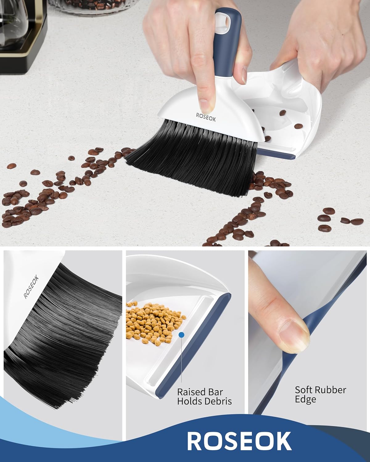 Mini Broom and Dustpan Set for Cleaning, Compact Desktop Dustpan with Brush for Kitchen Counter, Office, Car, Navy Blue, 1 Pack