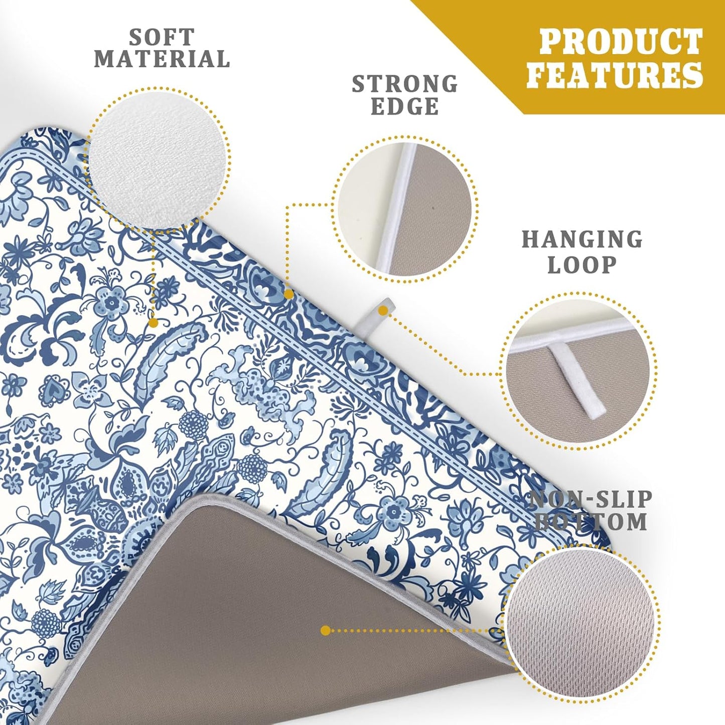 Chinoiserie Floral Dish Drying Mat for Kitchen Counter Blue and White Flowers Pattern Dish Drying Pad 18”x24”Absorbent Reversible Seasonal Decor Dishes Drainer Pad Dish Dry Rack Mat for Counter top